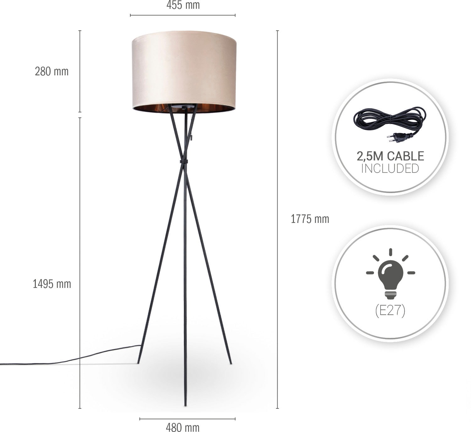 Paco Home Stehlampe »Kate uni Color«, Wohnzimmer Dreibein Standleuchte  Velour Höhe 177,5cm Filigran E27 günstig kaufen | BAUR