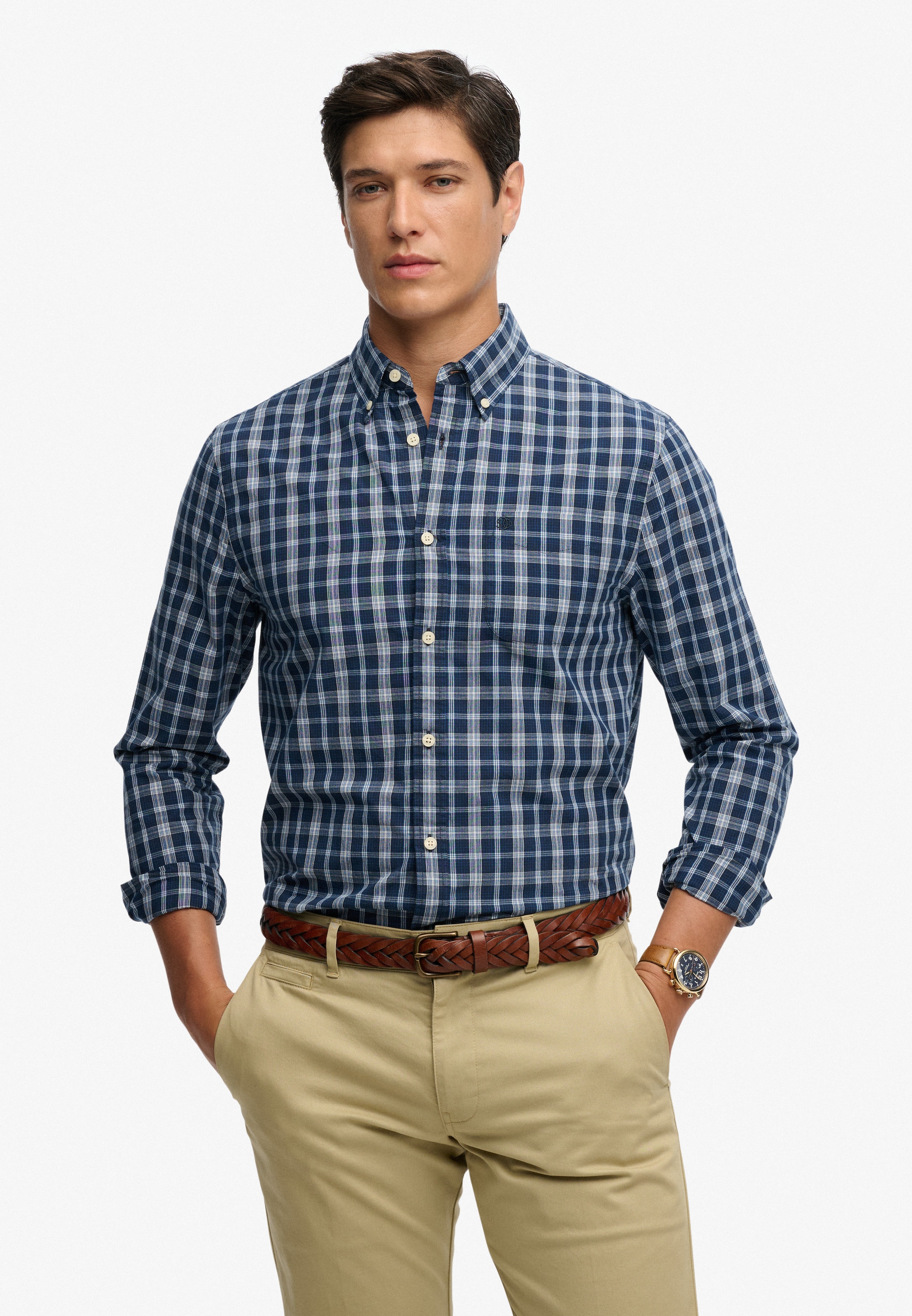 SUPERDRY Herren Langarmhemd "PREPPY POPLIN L/S SHIRT", blau, Gr. L, kariert, Web, Obermaterial: 100% Baumwolle, Hemden, kariertes Design, mit