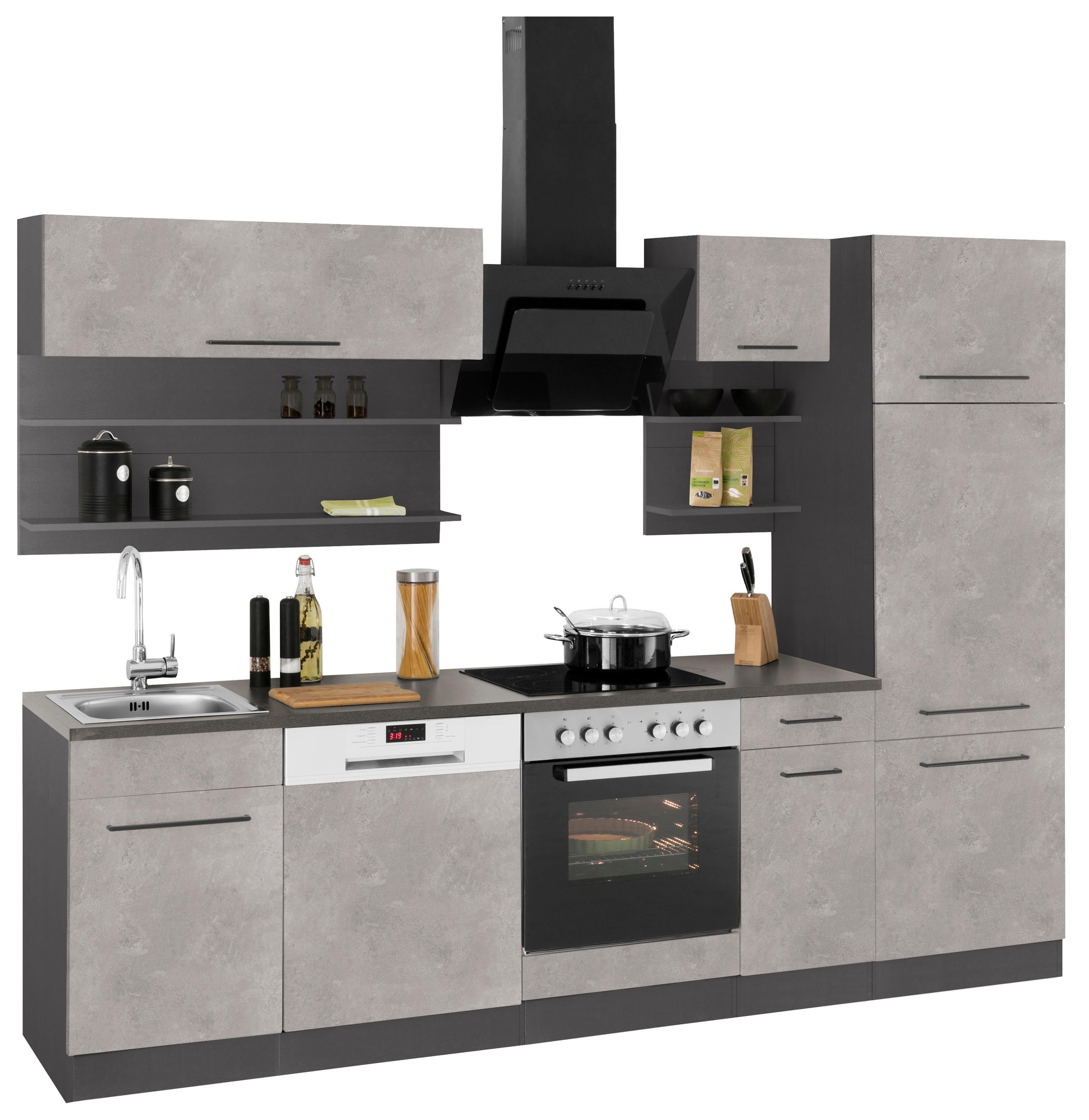 KOCHSTATION Küchenzeile »KS-Tulsa«, mit E-Geräten, Breite 270 cm, schwarze Metallgriffe, MDF Fronten