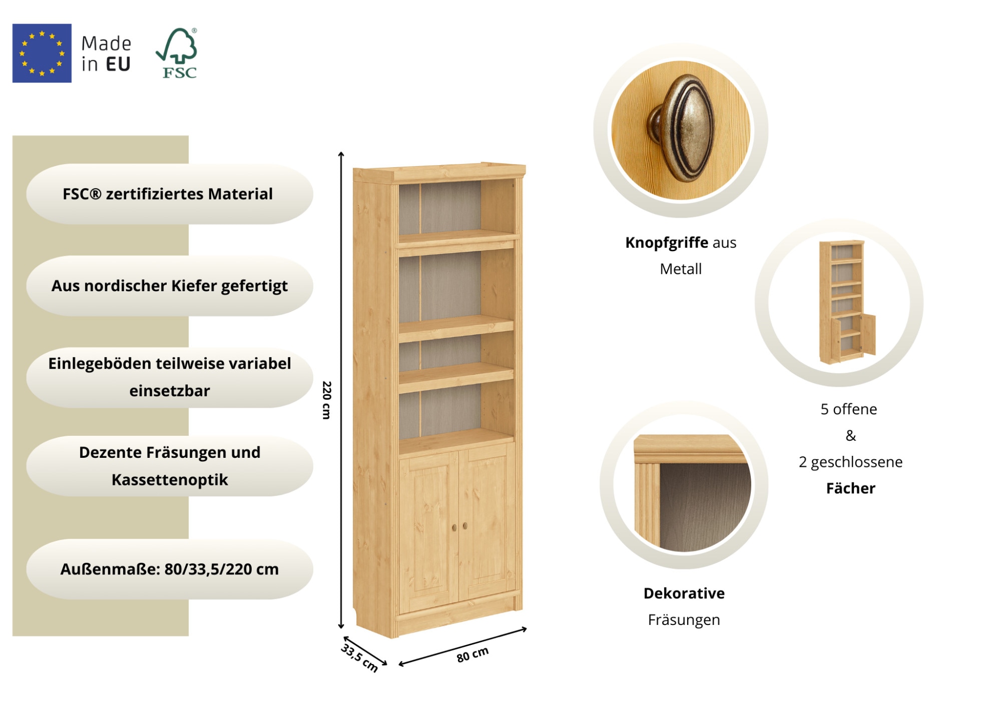 OTTO home Bücherregal »Soeren« aus massiver Kiefer, FSC®-zertifiziert, Tiefe 33,5 cm
