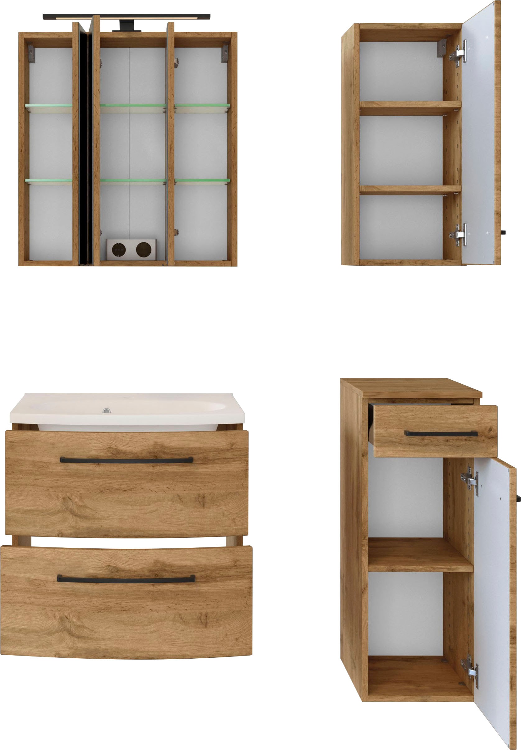 welltime Badmöbel-Set »Chicago«, (4 St., Spiegelschrank, Waschtisch, Hängeschrank, Unterschrank)