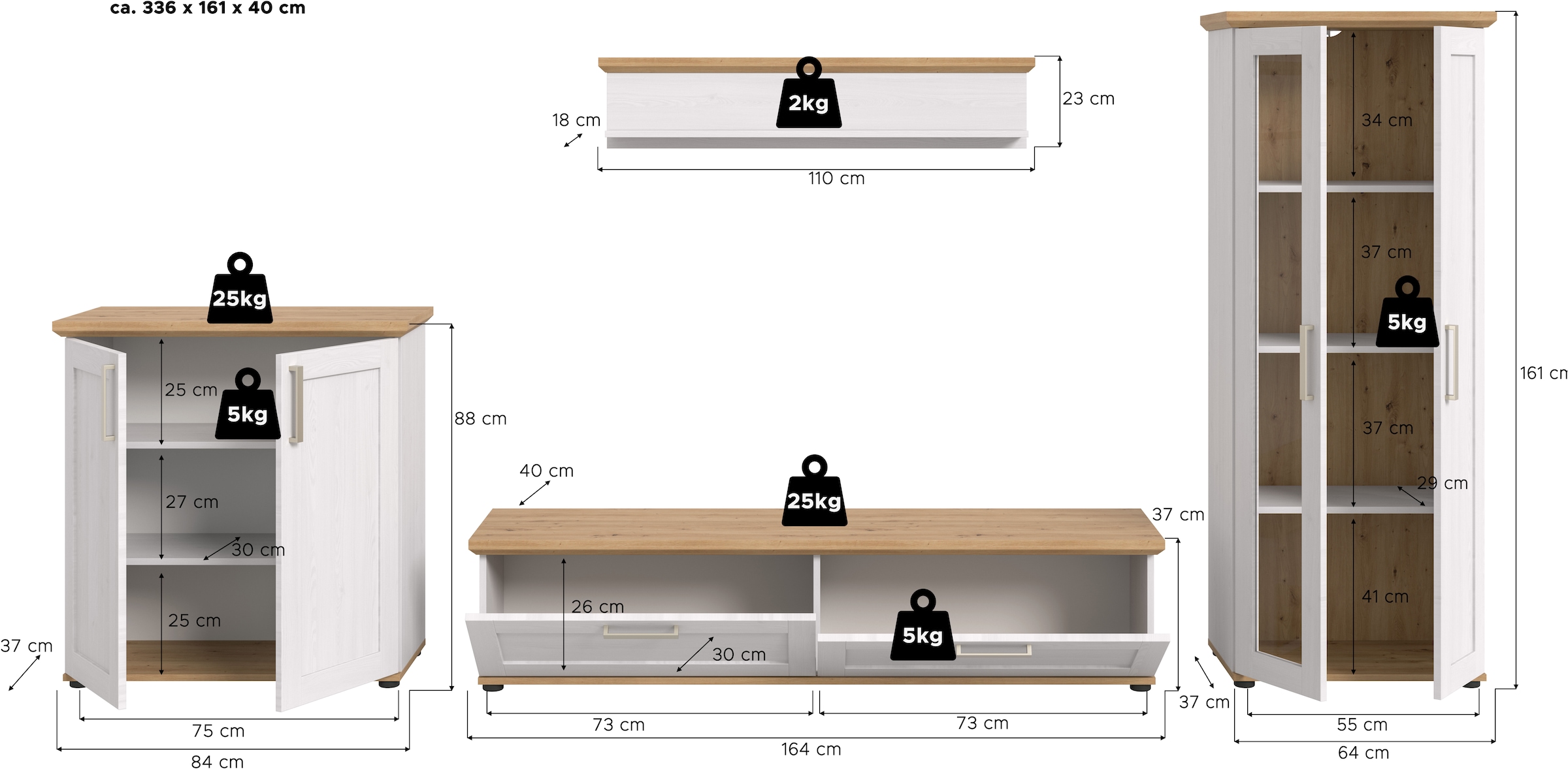 Home affaire Wohnwand »Cosenza«, (Set, 4 St.), Cosenza, Breite: 336 cm, Vitrine, Highboard, Lowboard, Wandboard