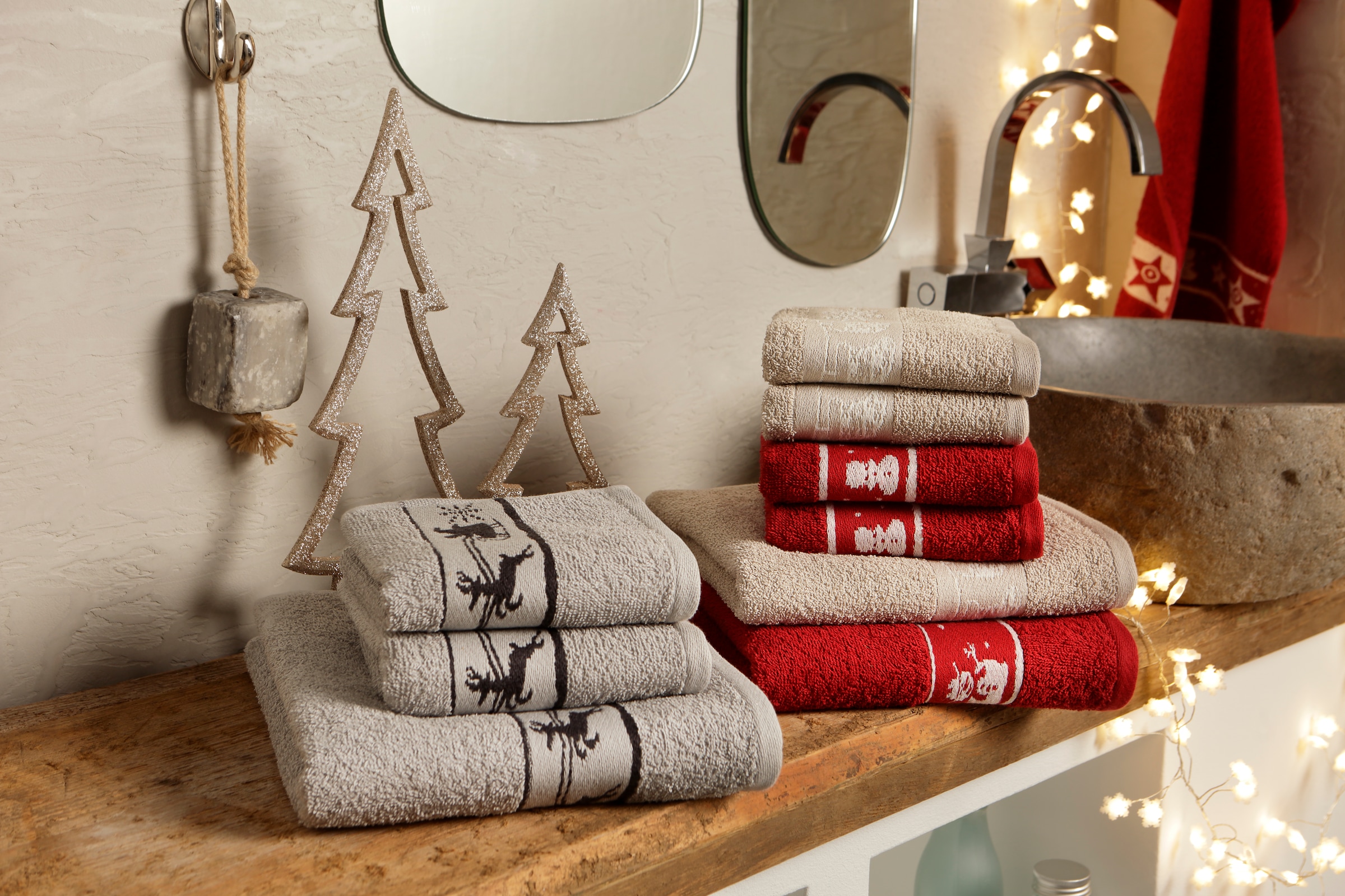 my home Handtuch Set »Weihnachten, Handtuch und Gästetücher«, (Set, 3 St., 1 Handtuch (50x100 cm)-2 Gästetücher (30x50 cm), mit Sternen & Bordüre, weihnachtliches Handtuchset, 100% Baumwolle