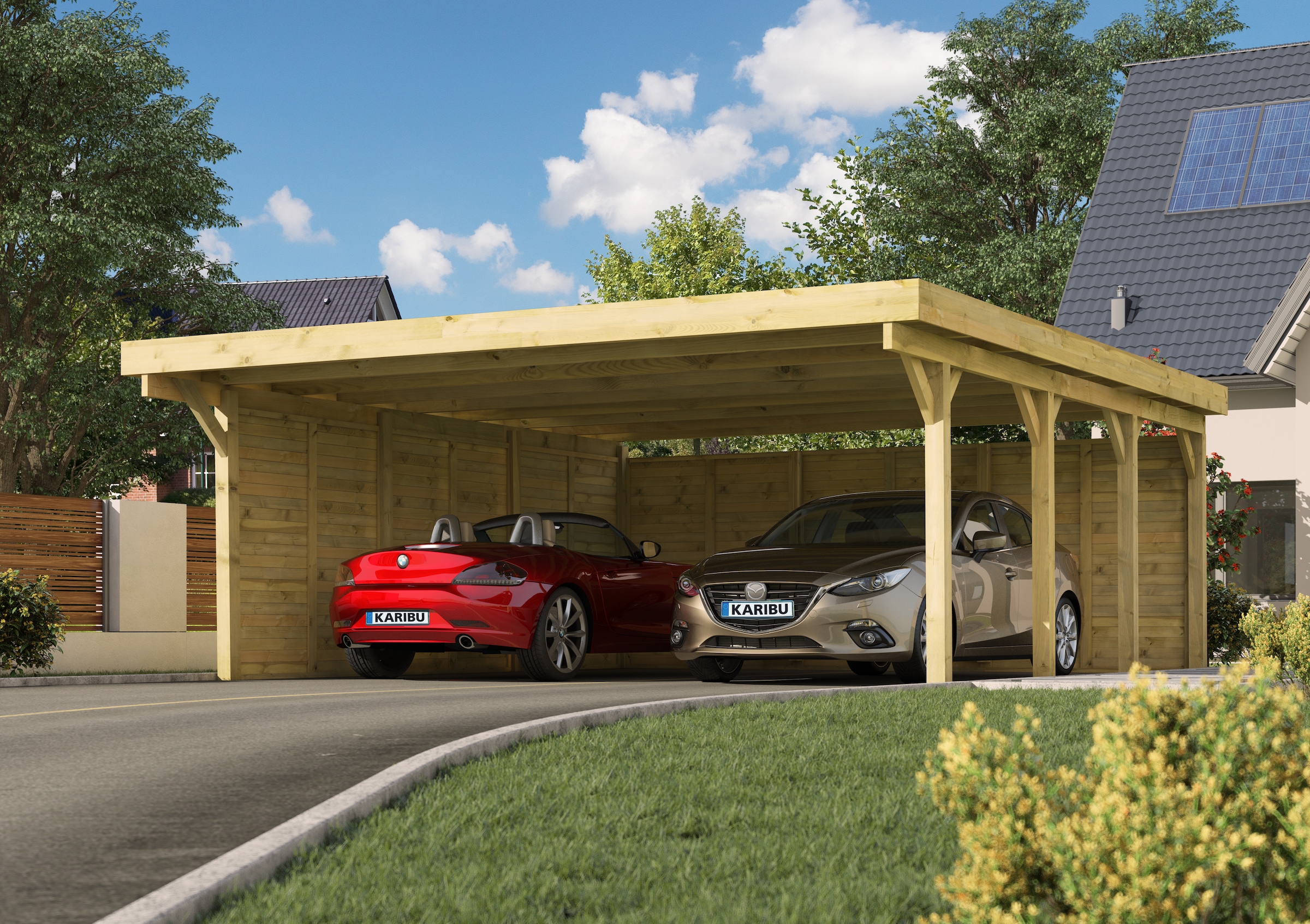 Doppelcarport KARIBUkdi, Carports, "»Classic 2« PVC-Dach Variante A kesseldruckimprägnert", aus Masivholz
