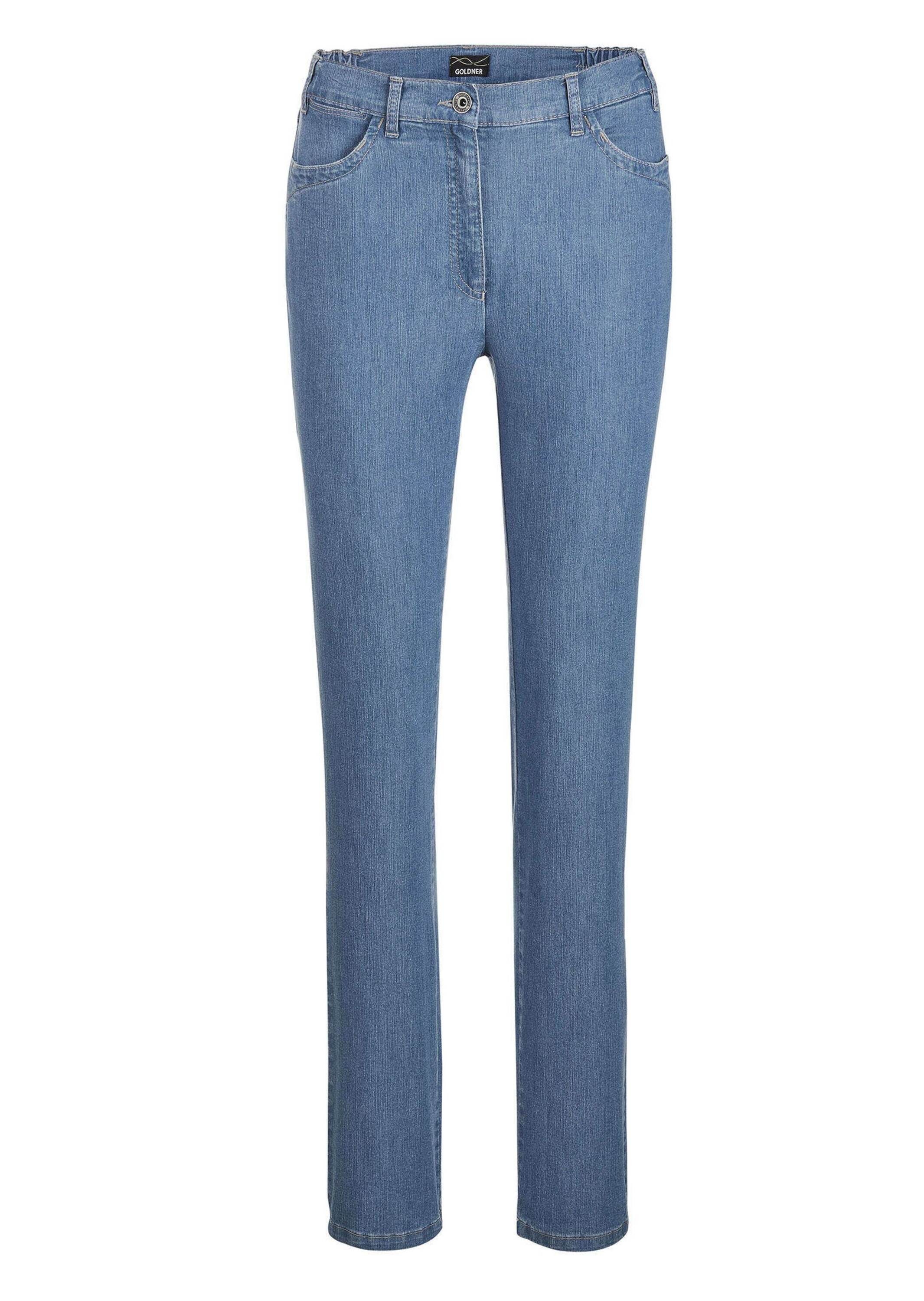 Stretch-Jeans GOLDNER "Jeans LOUISA mit Stickerei", Damen, Gr. 54, N-Gr, blau (hellblau), Obermaterial: 83% Baumwolle CO. 16% Polyester PES. 1% Elasthan EL., Jeans