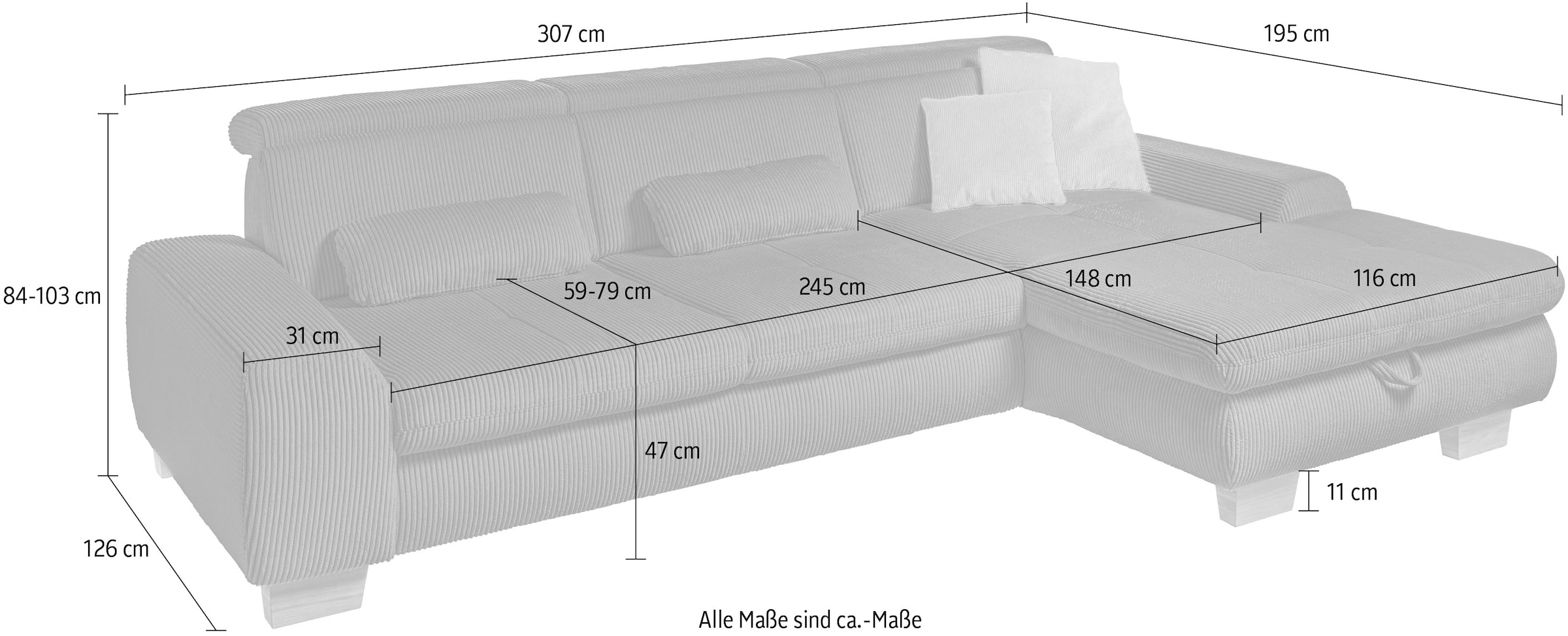 set one by Musterring Ecksofa »SO 3400«, mit Canape und verschiedenen Funktionen, Kaltschaum, B307 x T195 cm