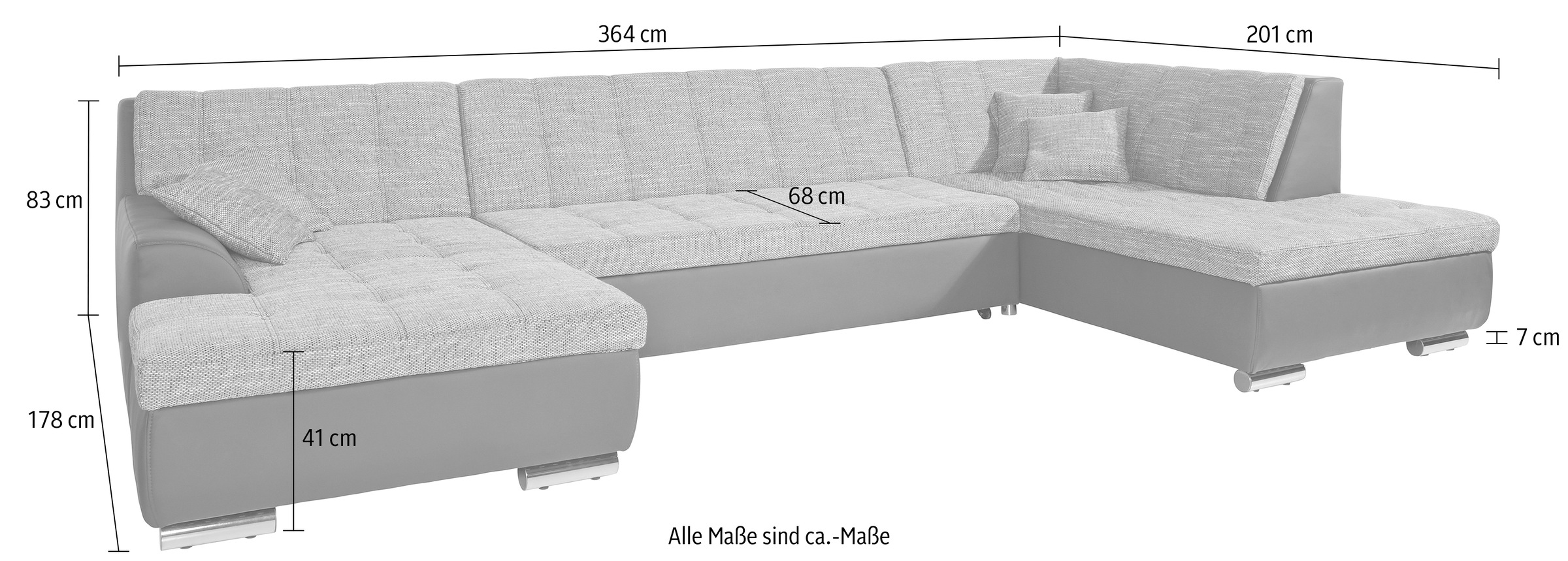DOMO collection Wohnlandschaft »Treviso incl. Zierkissen, moderne Steppung, XXL: B/T/H: 364/201/83 cm«, wahlweise mit Bettfunktion, in vielen Bezugsarten auch in Cord U-Form