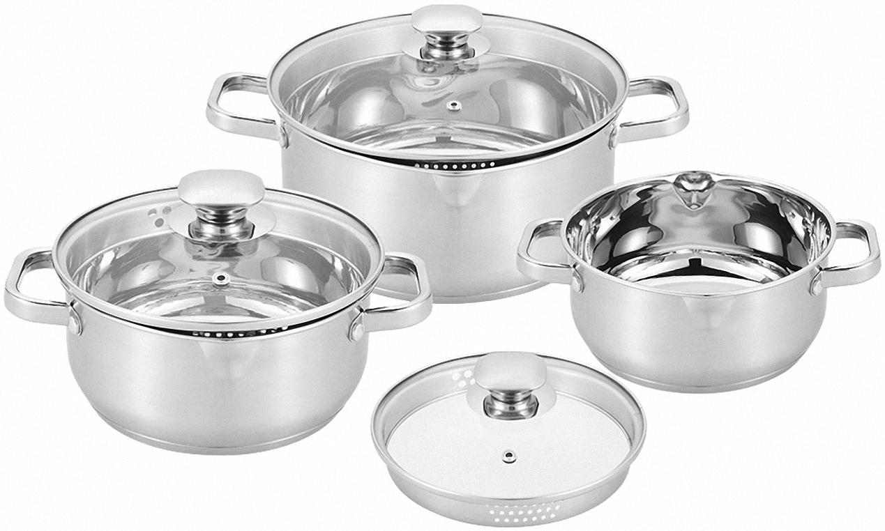CS Koch-Systeme Topf-Set "Leipzig" Set, je 1 Bratentopf mit Glasdeckel Ø 16/20/24 cm, 6 Stk. tlg. Edelstahl
