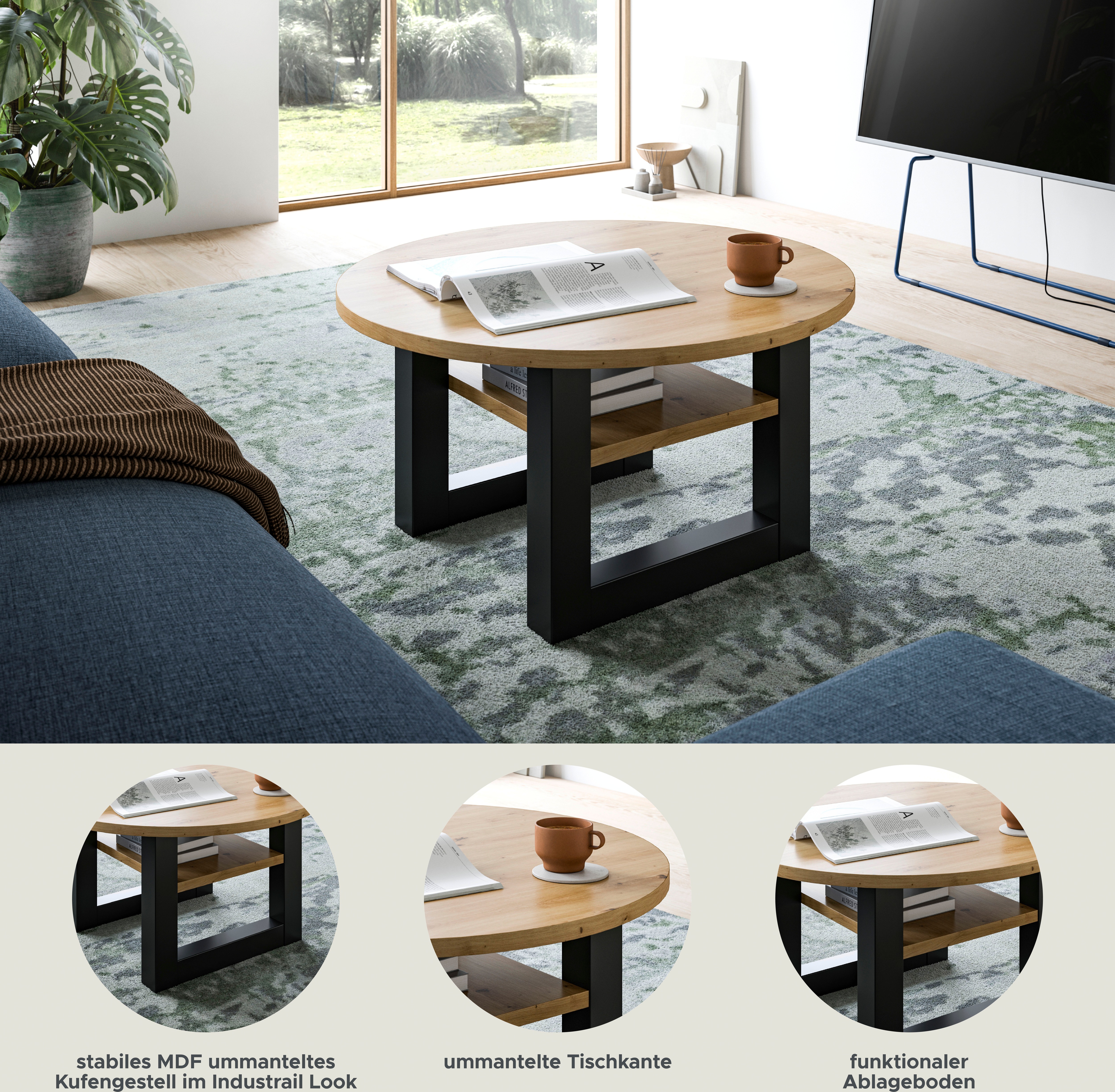 Thumbnail - Home affaire Couchtisch "Rail, Ø 75 cm, mit Ablageboden, inklusive Kufengestell" Wohnzimmertisch, Beistelltisch