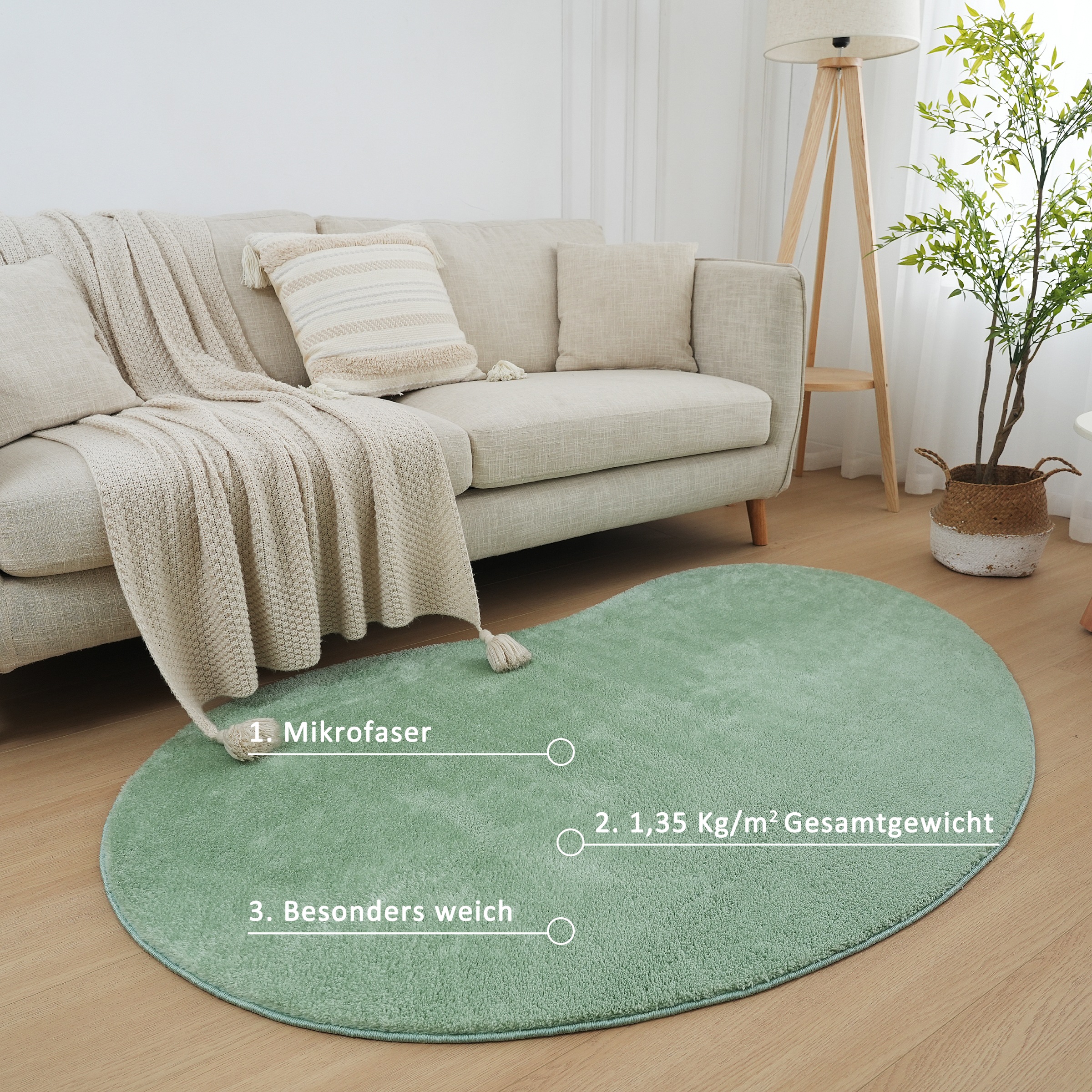 my home Teppich »Cali Bean«, U-förmig, 16 mm Höhe, besondere Form, Uni, weich, waschbar, Wohnzimmer, Schlafzimmer