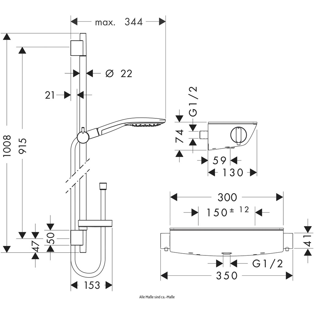 hansgrohe Duschsystem »Aufputz 15cm, 3 Strahlarten mit Thermostat und Duschstange 90cm«, (Komplett-Set)