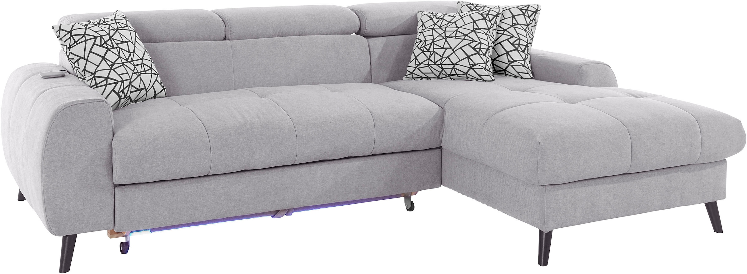 COTTA Ecksofa »Mia L-Form mit 3 Zierkissen«, wahlweise mit Bettfunktion, Bettkasten, Beleuchtung & Wireless-Charger