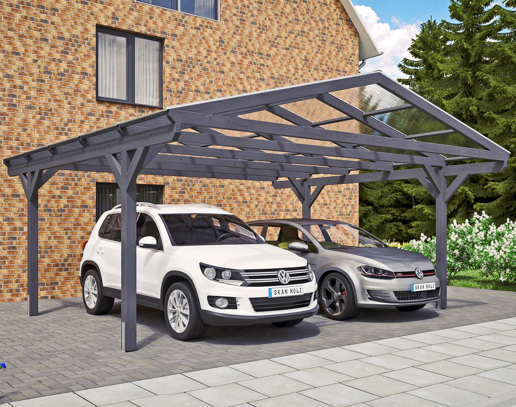 Skanholz Doppelcarport "Westerwald", Leimholz-Nordisches Fichtenholz, 534 cm, dunkelgrau