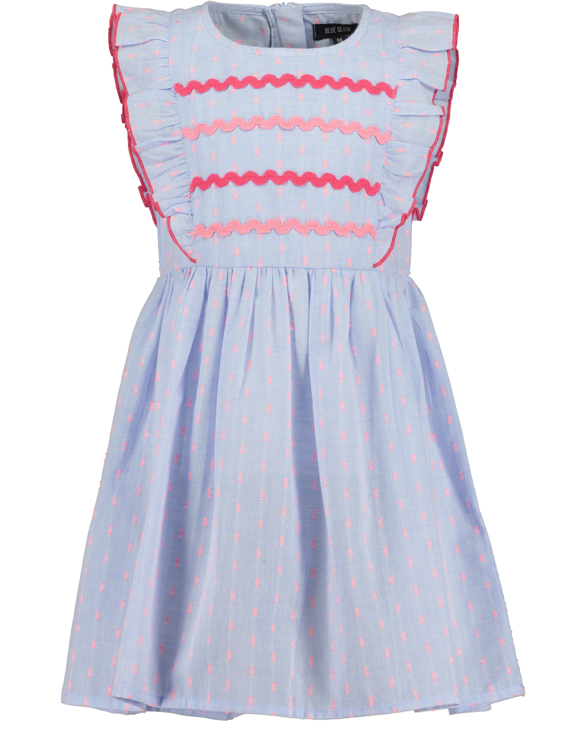 Sommerkleid BLUE SEVEN, Mädchen, Gr. 134, N-Gr, mittelblau, Web, Obermaterial: 100% Baumwolle, kontrastfarbene Details, unifarben, Basic knieumspielend, Rundhals, Volant, Kleider Sommerkleid