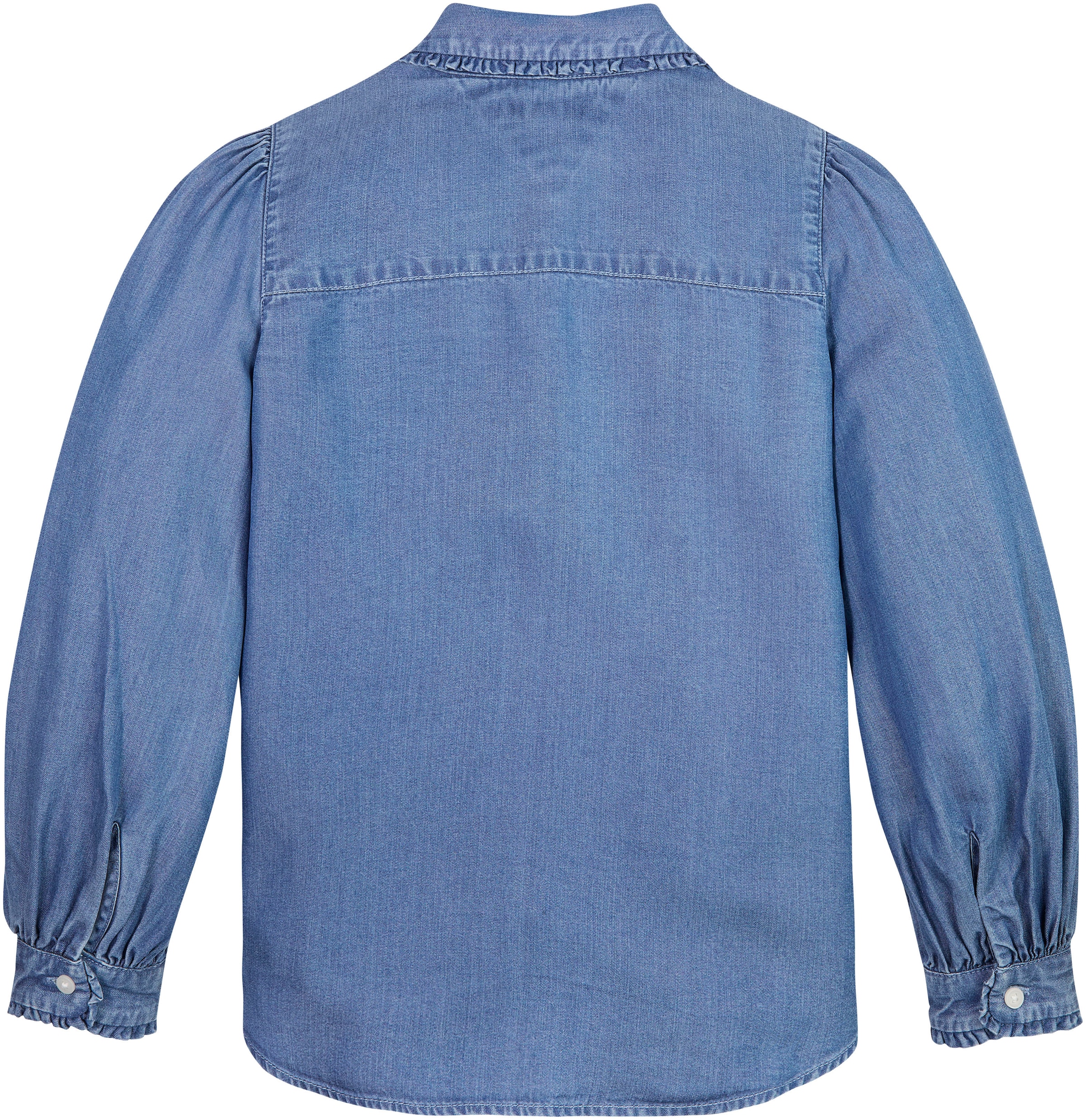 SHIRT«, der Brust Hilfiger BAUR online »TENCEL bestellen RUFFLE Jeansbluse COLLAR | mit auf Logo-Flag Tommy