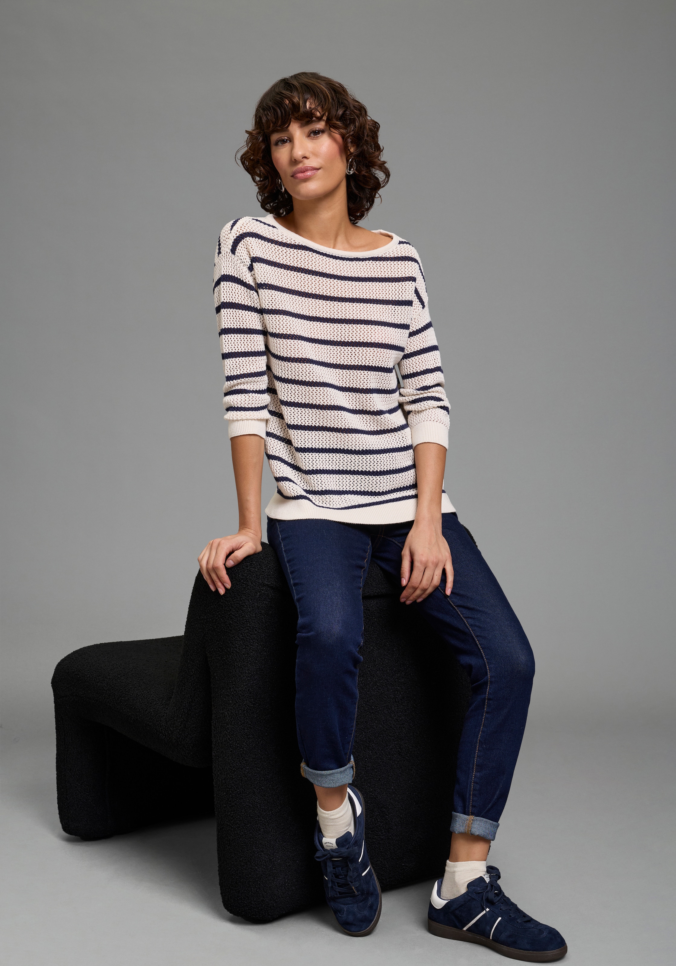 Laura Scott 3/4 Arm-Pullover leichter Sommerpullover aus modernem Lochstrick