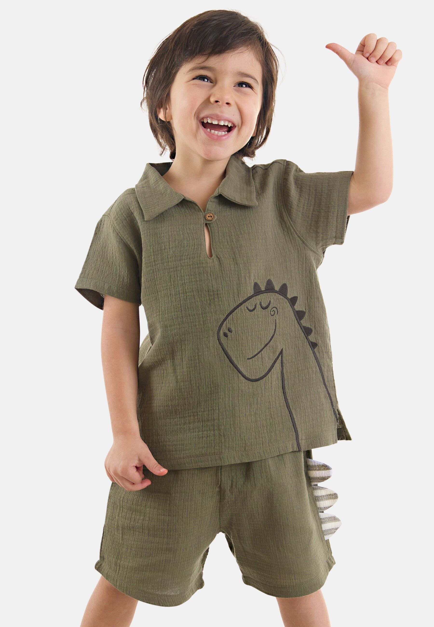 Denokids Hausanzug "Dino Muslin", (2 tlg.), mit Dino-Stickerei