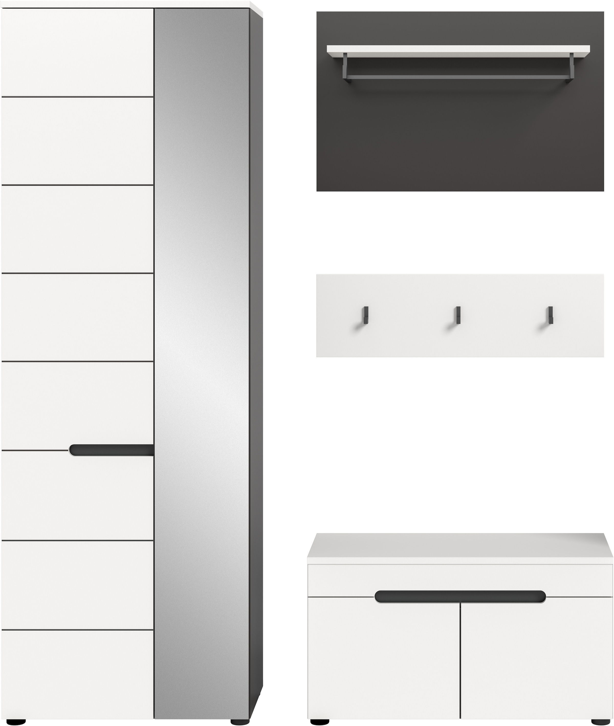 Home affaire Garderoben-Set »REHAT, TOPSELLER!, 4-teilig, Breite 160cm, individuell stellbar« bestehend aus: Garderobenschrank, Sitzbank, Paneel, Hakenleiste, 3 Stk. tlg.