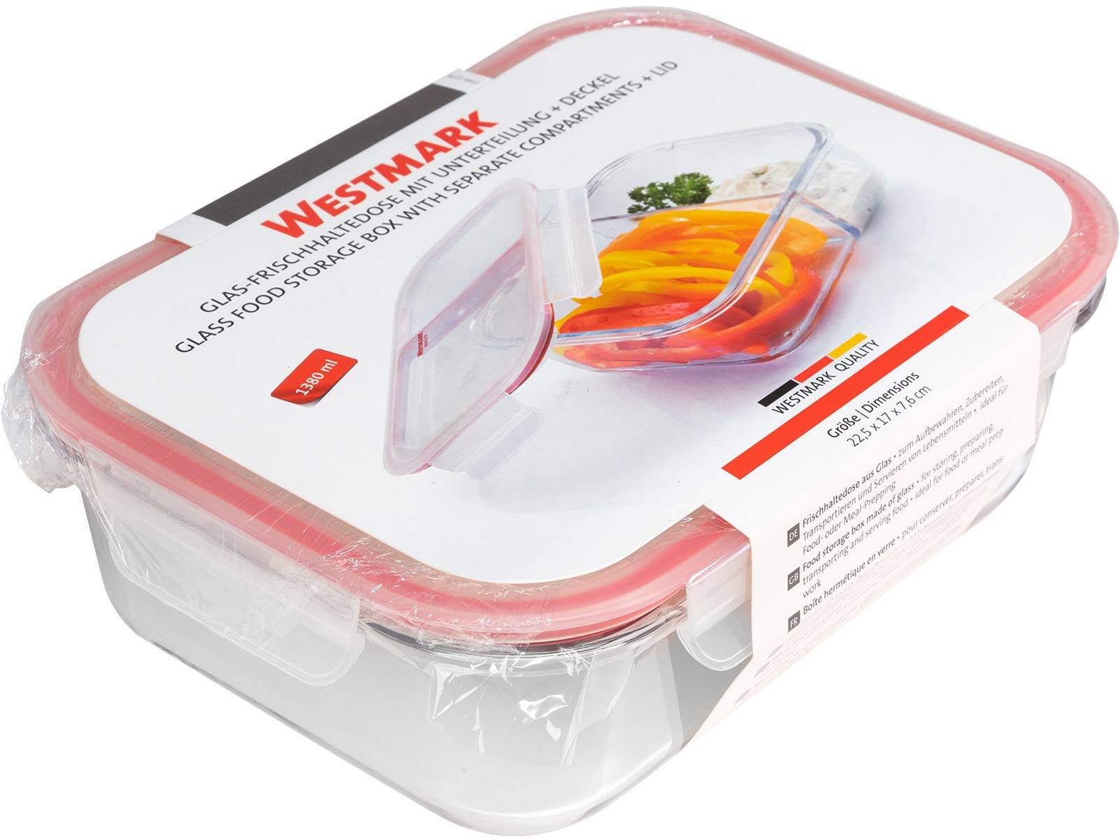 WESTMARK Frischhaltedose »Glas-Frischhaltedose 1380 ml, mit 2 separaten Fächern«, (1 tlg.), mikrowellen- und ofenfest, 1380 ml = 850 + 530 ml