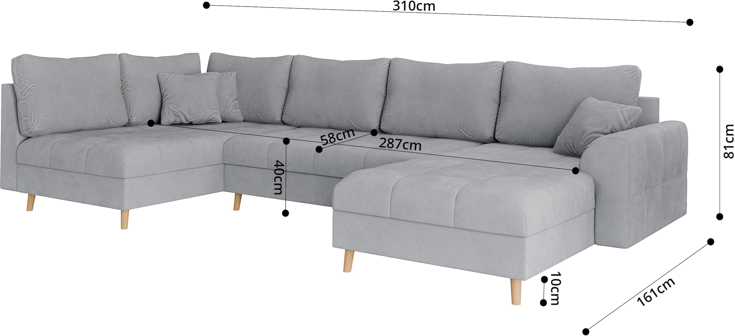 Home affaire Wohnlandschaft »CHARRE U-Form mit Ottomane, Maße B/T/H: 310/161/81 cm«, feine Steppung, lose Rücken- und Zierkissen, auch in Cord und Bouclé