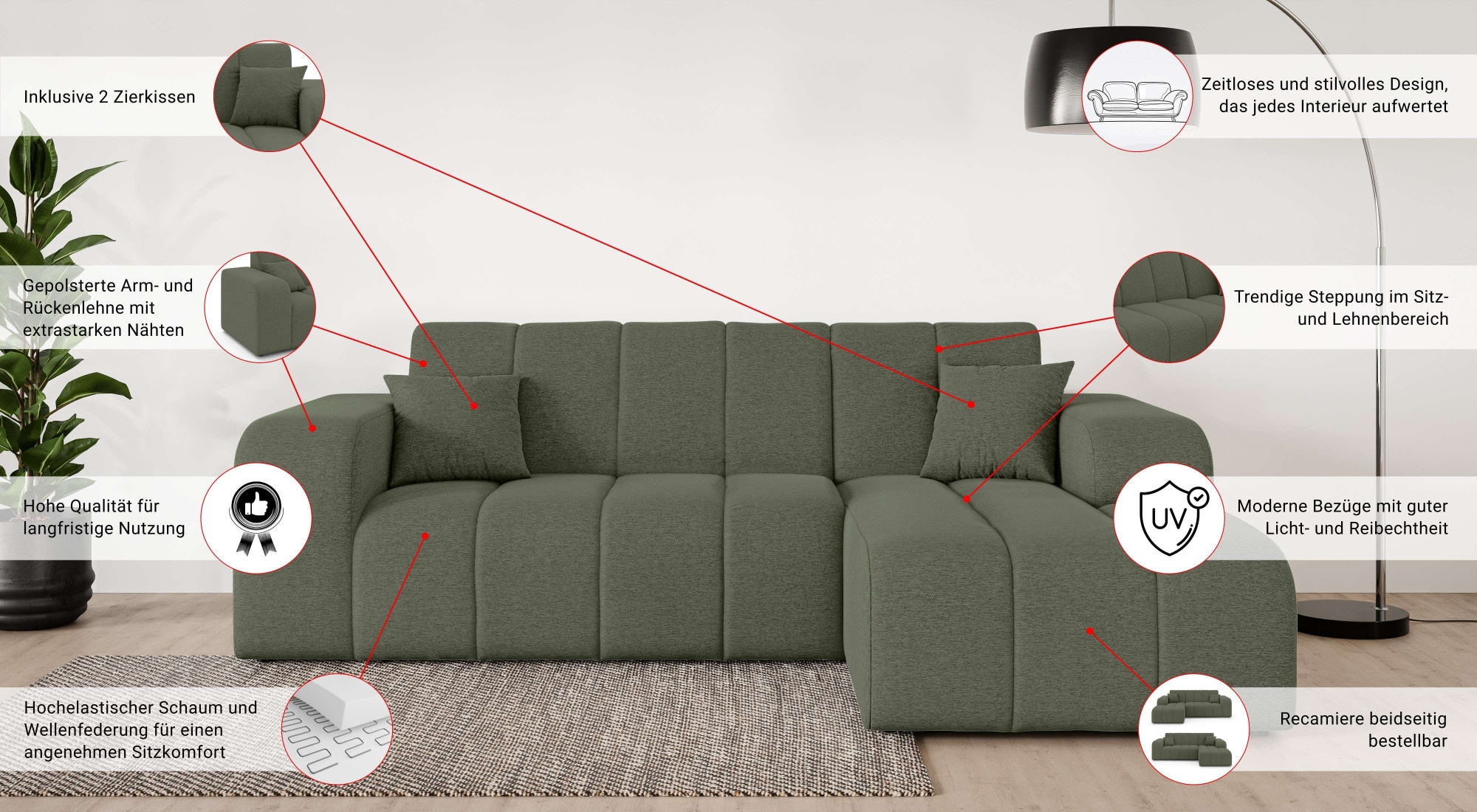INOSIGN Ecksofa »CASSY L-Form, Schlafsofa mit Bettkasten, Maße B/T/H: 245/165/88 cm«, mit 2 Rückenkissen, Recamiere rechts oder links bestellbar