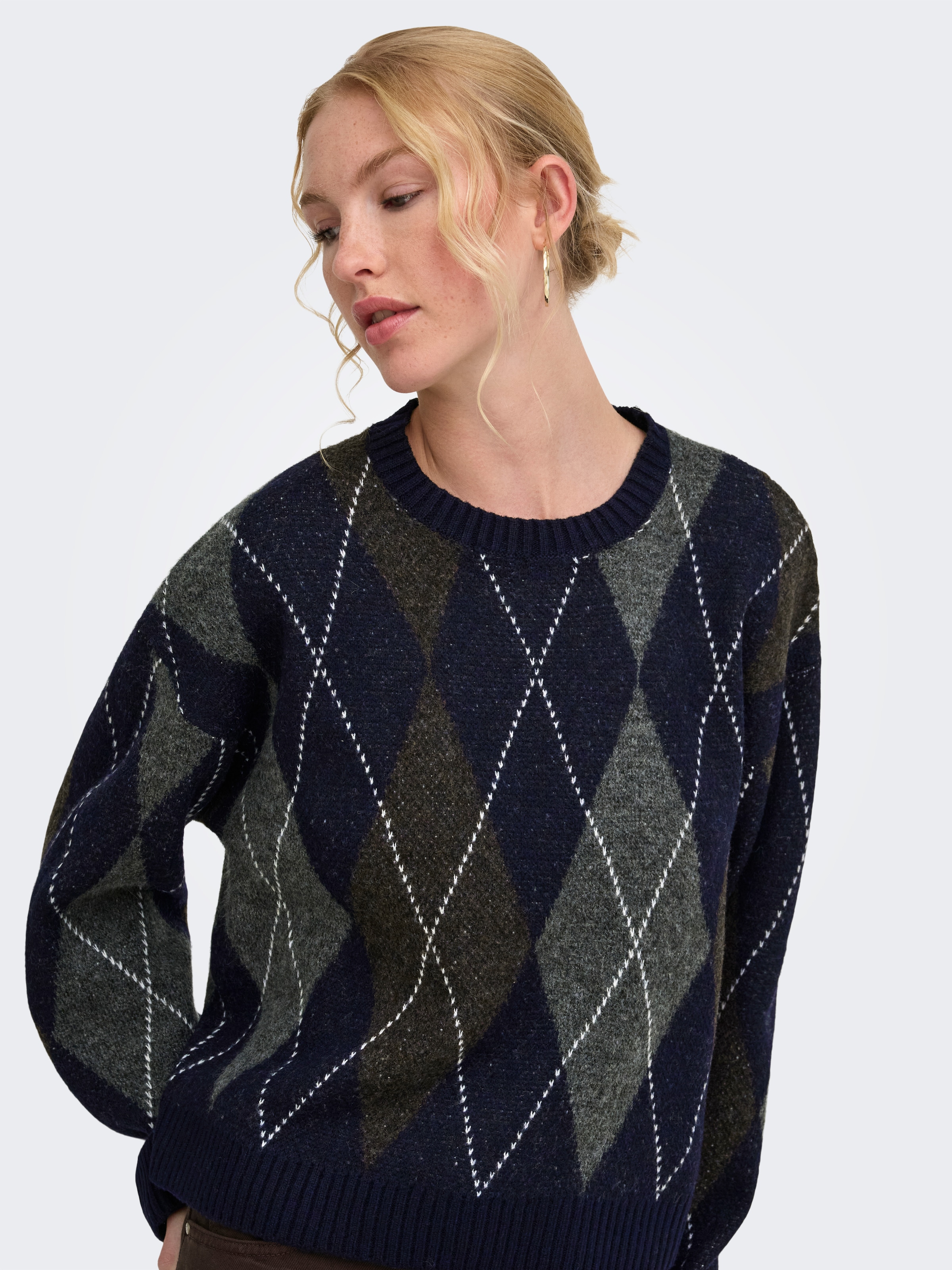 ONLY Strickpullover »ONLRHOMBUS HARLEQUIN PULLOVER KNT NOOS« Materialmix mit Wolle und Stretch