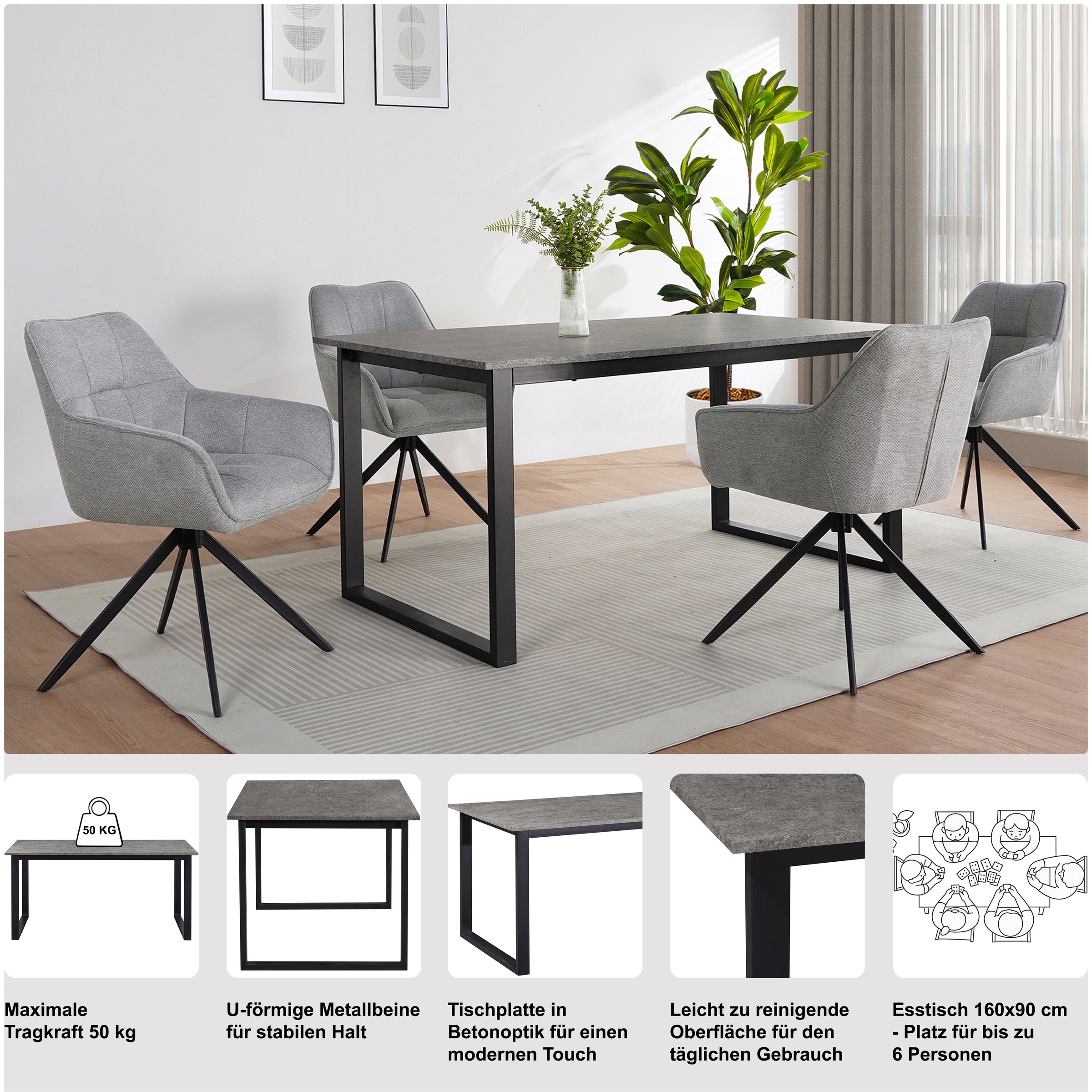 Esstisch OTTO HOME "Barcell", zement, optik, schwarz, B:160cm H:75cm T:90cm, Tische, Esstisch, schwarzes Metallgestell, Plattenvarianten wählbar, sowie Größen 2