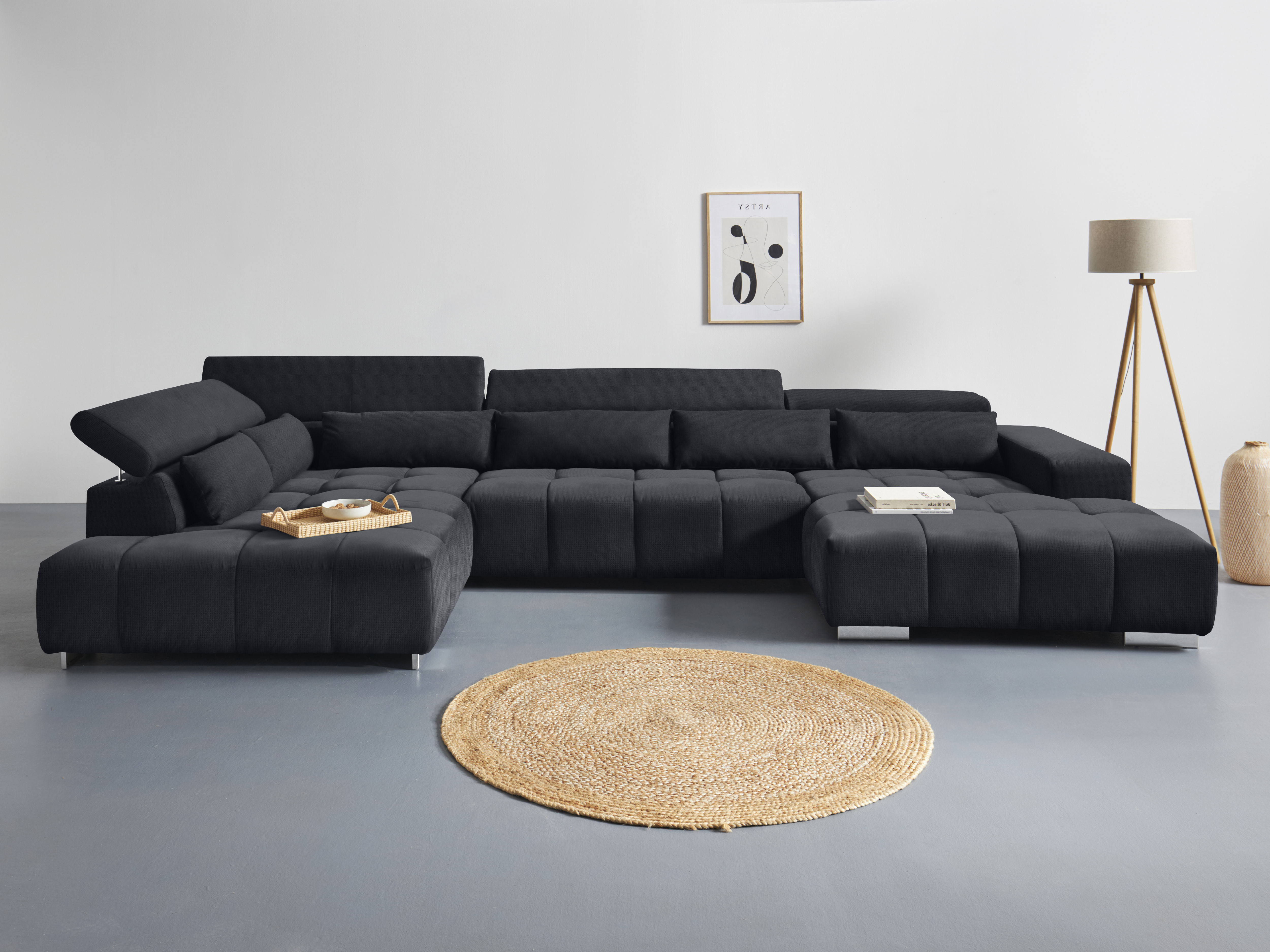 COTTA Wohnlandschaft "Orion U-Form XXL, B: 409 cm, bequeme Wellenunterfederung, top modern" mit Kopfteilverstellung & 6 Nierenkissen