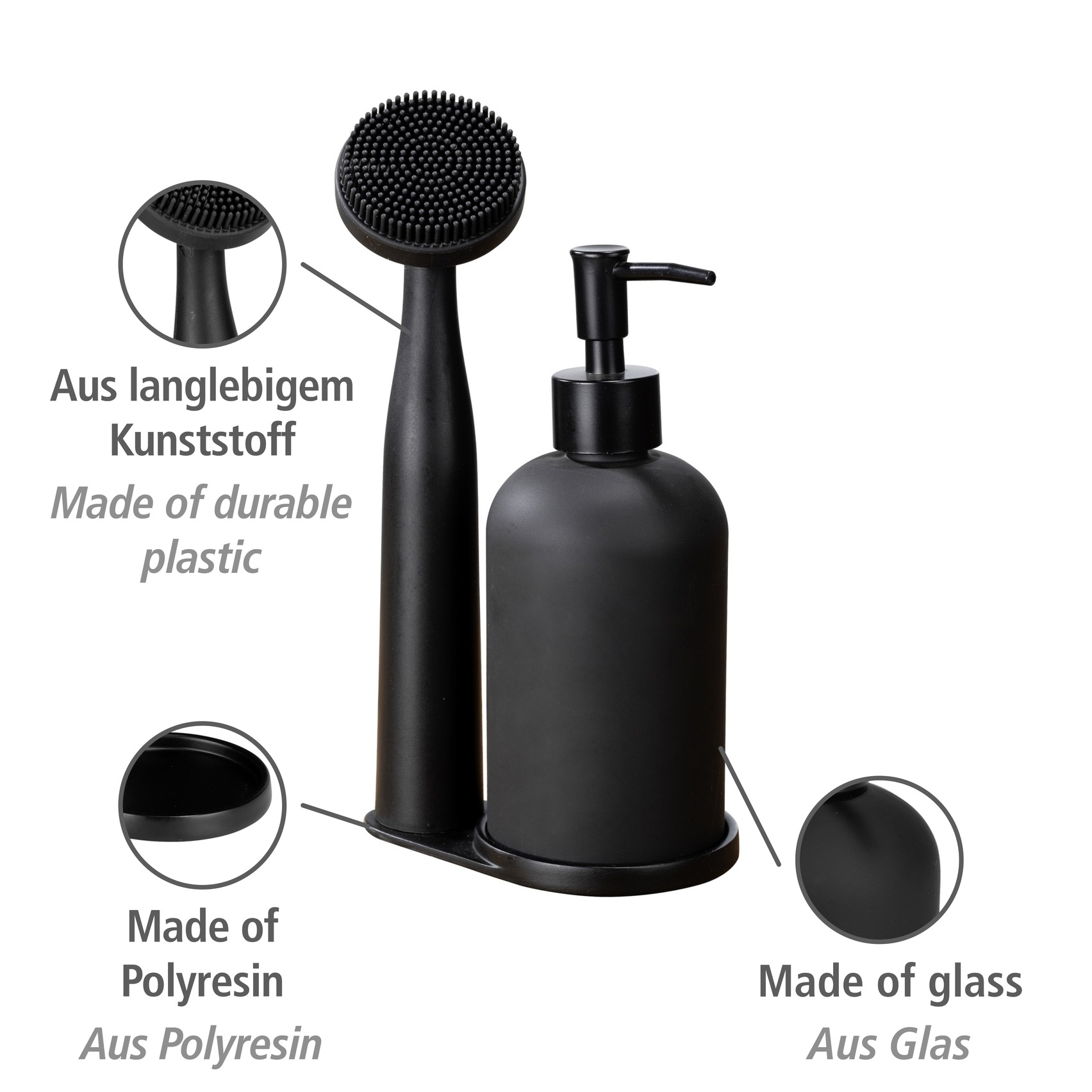 WENKO Spülmittelspender »Modell Piedo«, (Set, 3 tlg.), Spül-Set, inkl. Spülbürste mit Halterung, Glas/Polyresin