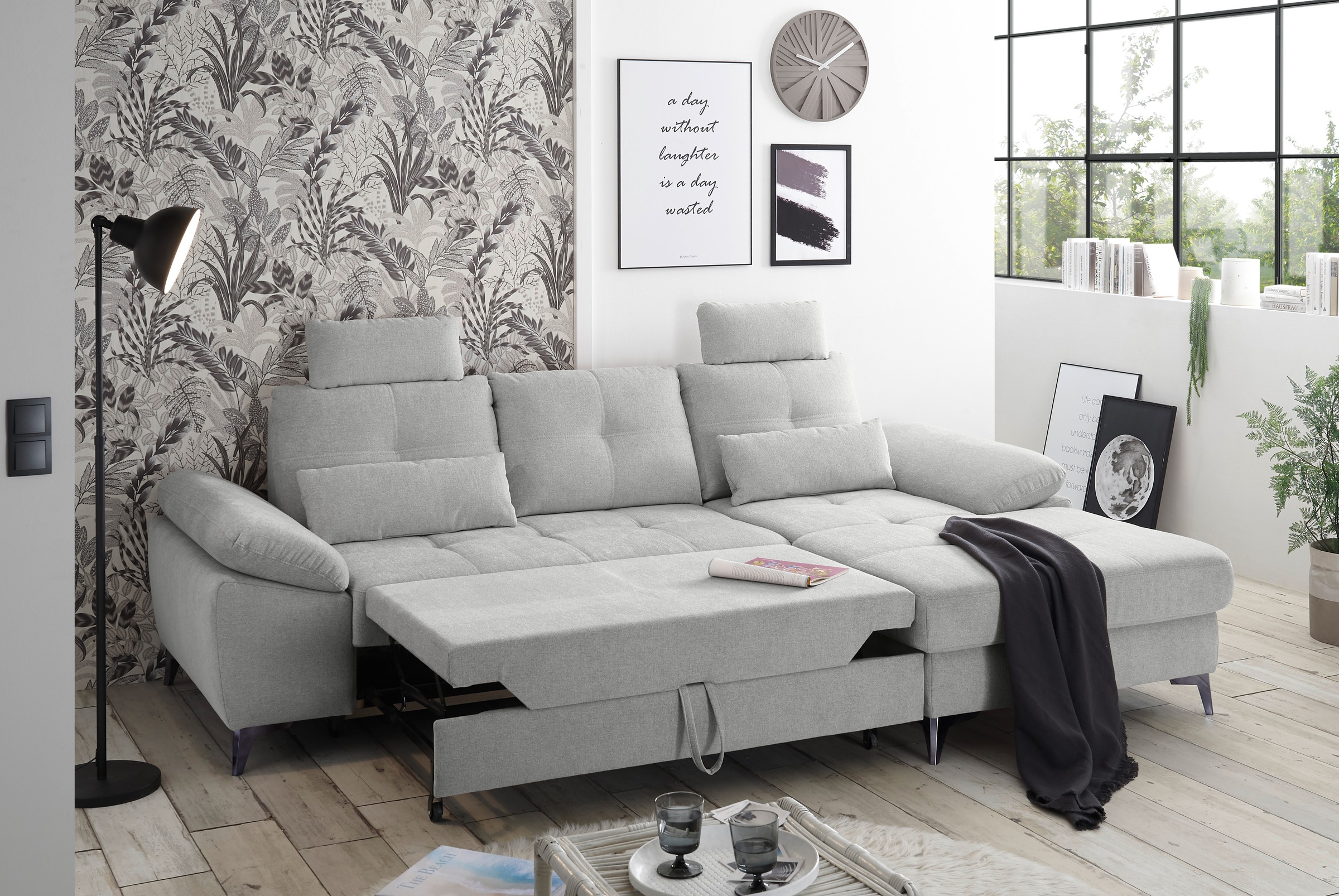 ED EXCITING DESIGN Ecksofa »Auckland L-Form mit Bettfunktion, Bettkasten«, Armteilverstellung, Kopfstützen & 2 Nierenkissen