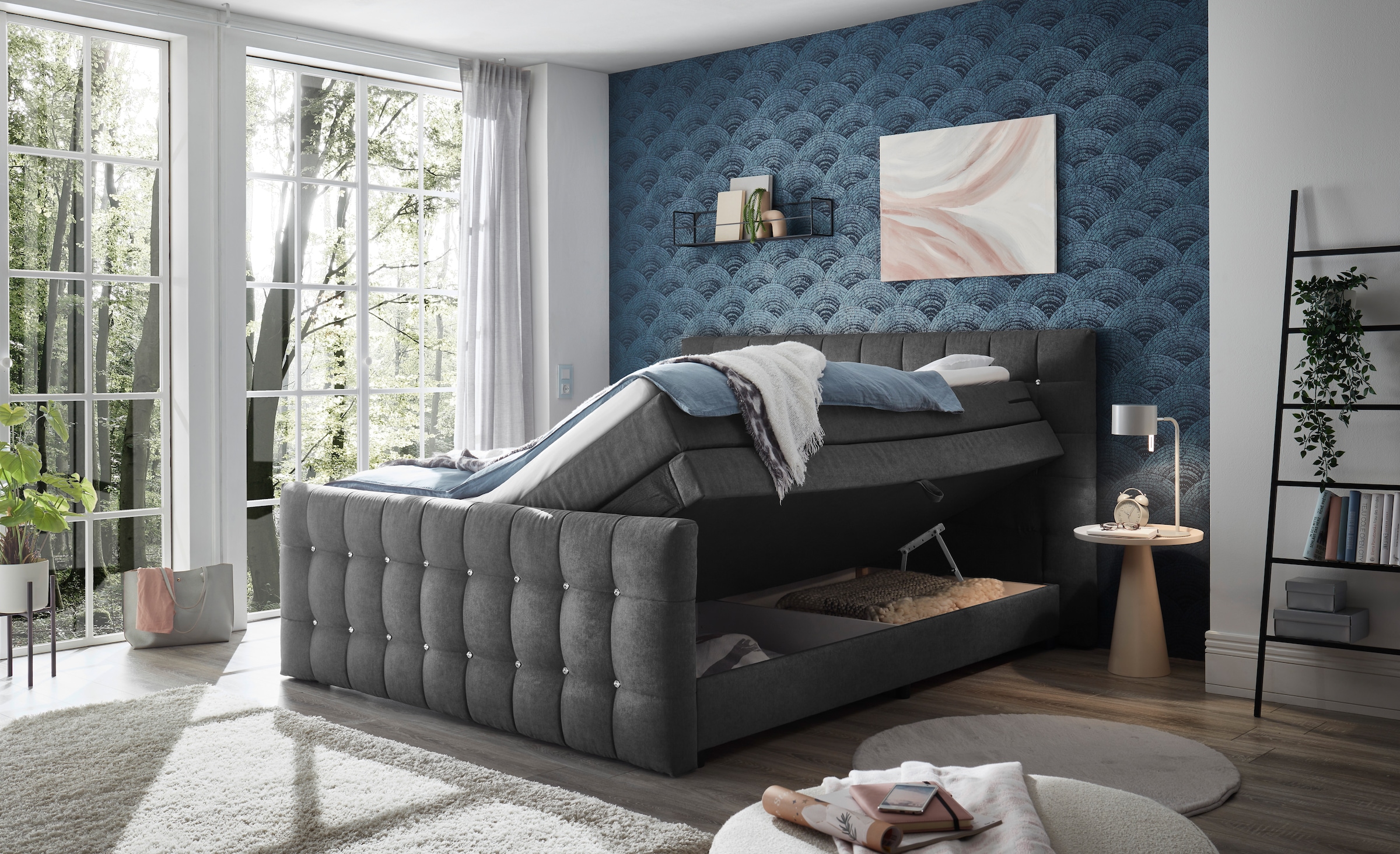 ED EXCITING DESIGN Boxspringbett »Loberie«, mit Strasssteinen im Kopf- und Fußteil, inkl. Bettkasten