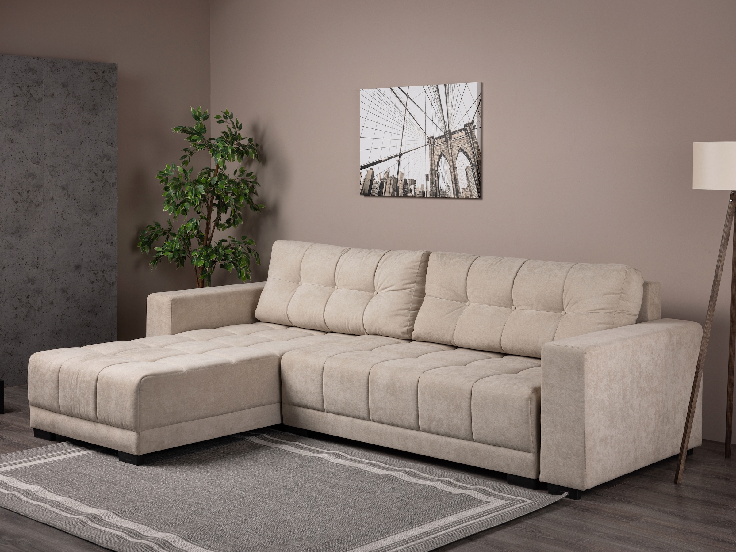 INOSIGN Ecksofa »Langston Schlafsofa, Liegefläche 240 x 140, Struktur fein«, inkl. loser Ruckenkissen, Recamiere beidseitig montierbar, Bettkasten