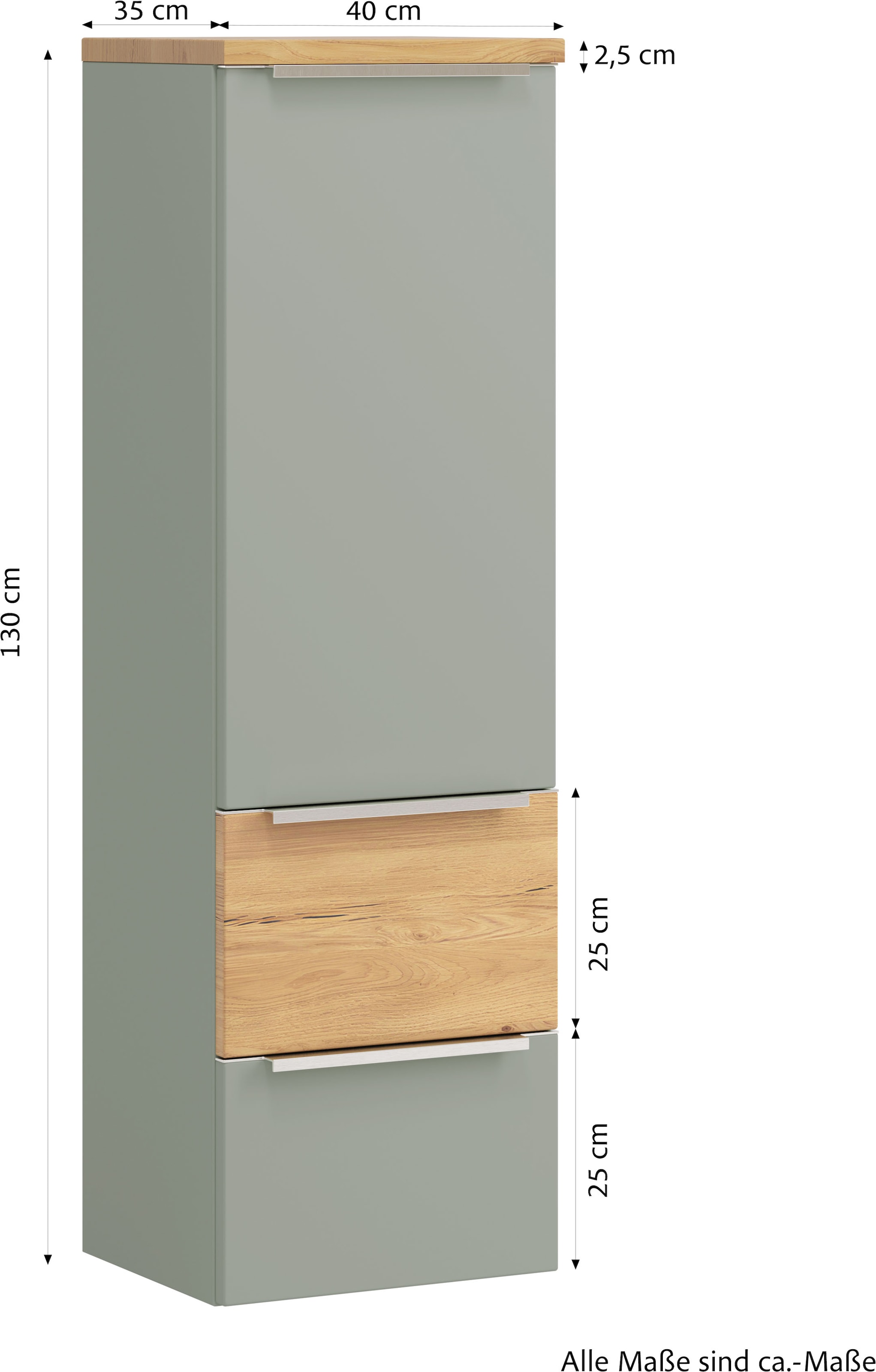 welltime Midischrank »TRIENT, Midischrank 40 cm, Softclose-Auszüge und gedämpfte Scharniere« Maße (B/H/T): ca. 40/130/35 cm,  Schilfgrün/Wildeiche, Softclose-Metallauszüge