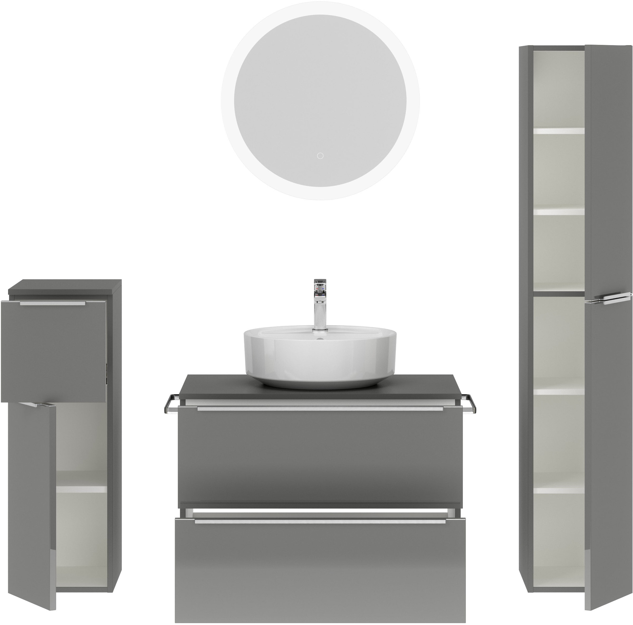 nobilia® Badmöbel-Set »Alvene«, (4 St., vormontiert, mit Soft-Close), Hochglanz, inkl. Spiegel mit Touch-Sensor, in vier Breiten