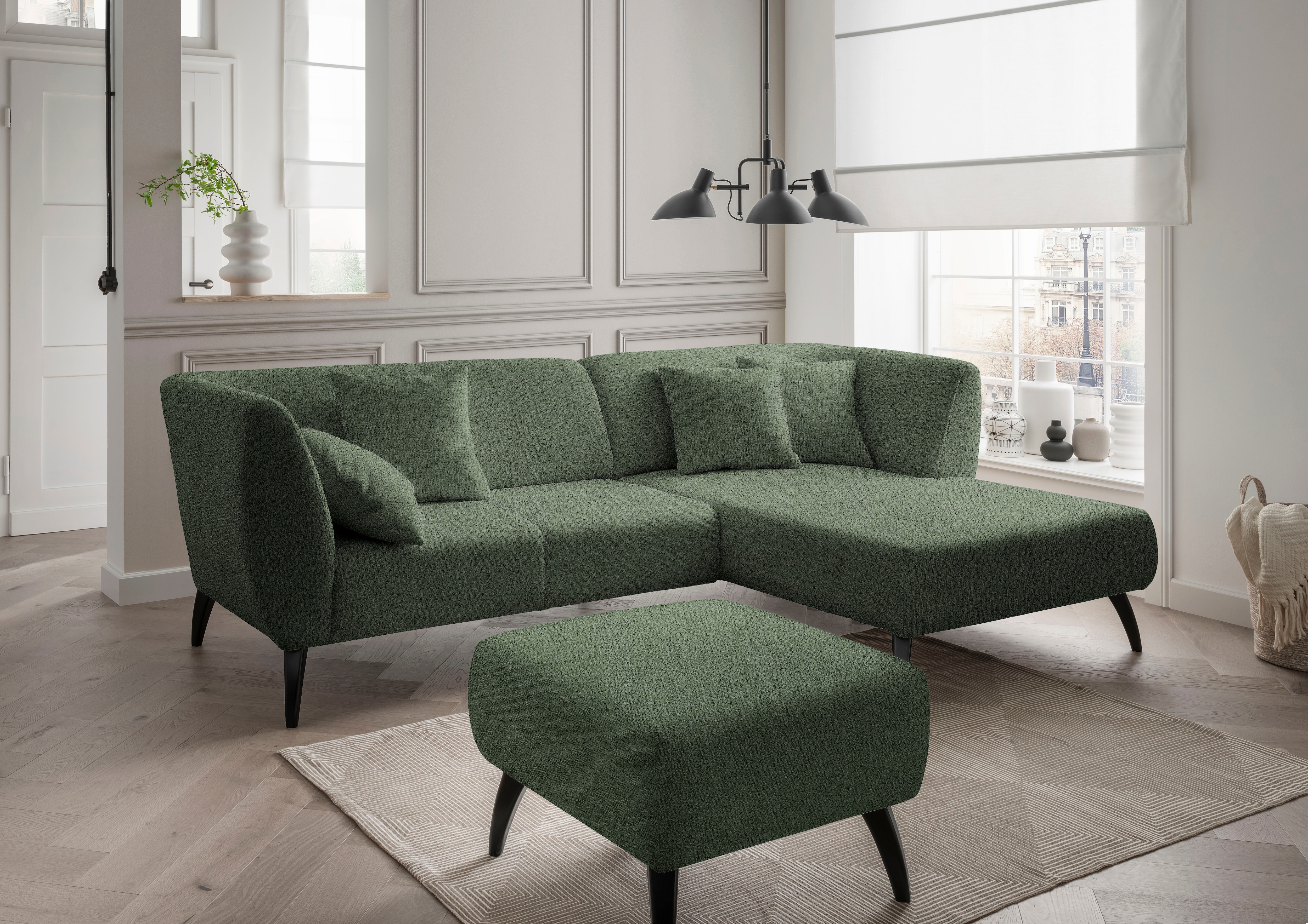 Home affaire Ecksofa "Lazio modern und bequem, schmale Armlehnen, tolle Detailverarbeitung" Holzfußfarbe wählbar, inkl. 4x Zierkissen