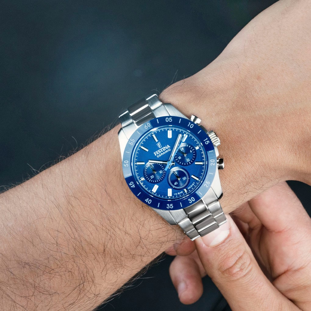 Festina Chronograph »Ceramic«, Quarzuhr, Armbanduhr, Damen, Herren, Edelstahlarmband, Keramiklünette