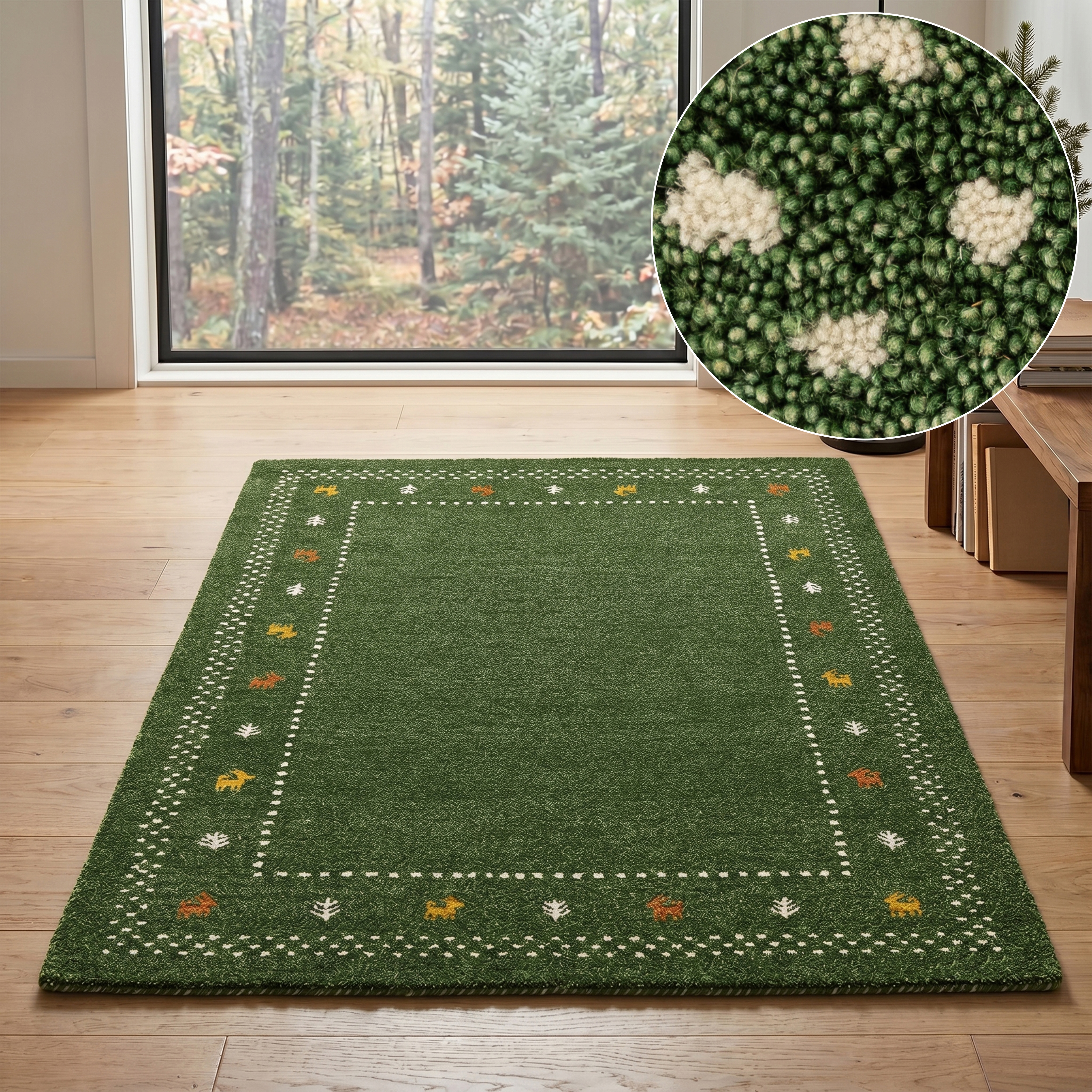 THEKO Wollteppich "Gabbeh Bordüre, Handgefertigt, Teppich, Tiermotiv, reine Wolle" rechteckig 14 mm Höhe Wohnzimmer, Schlafzimmer, Esszimmer
