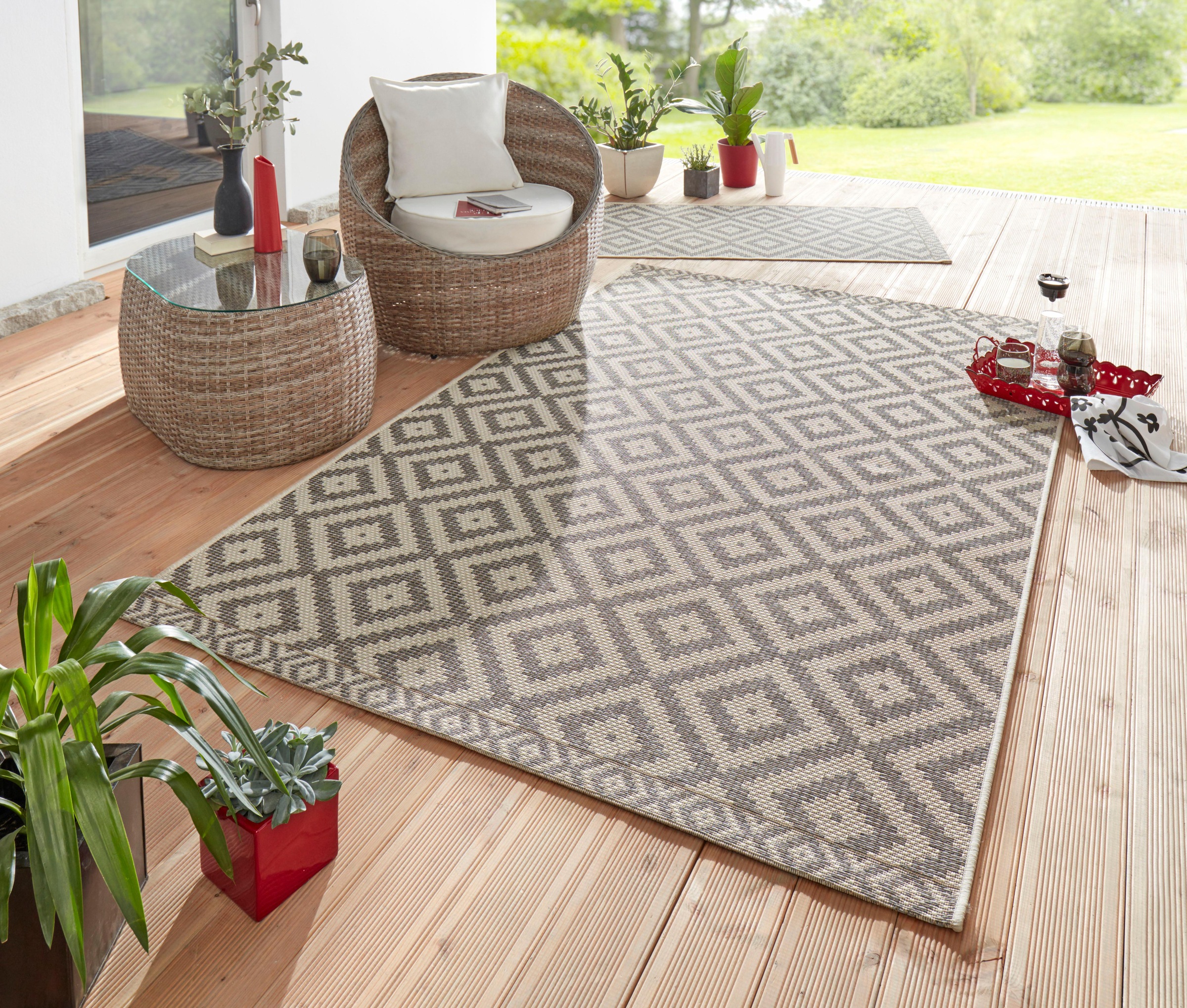 freundin Home Collection Teppich »Summer«, rechteckig, 4 mm Höhe, In-und Outdoor geeignet, Rauten Design, Pflegeleicht, Flachgewebe
