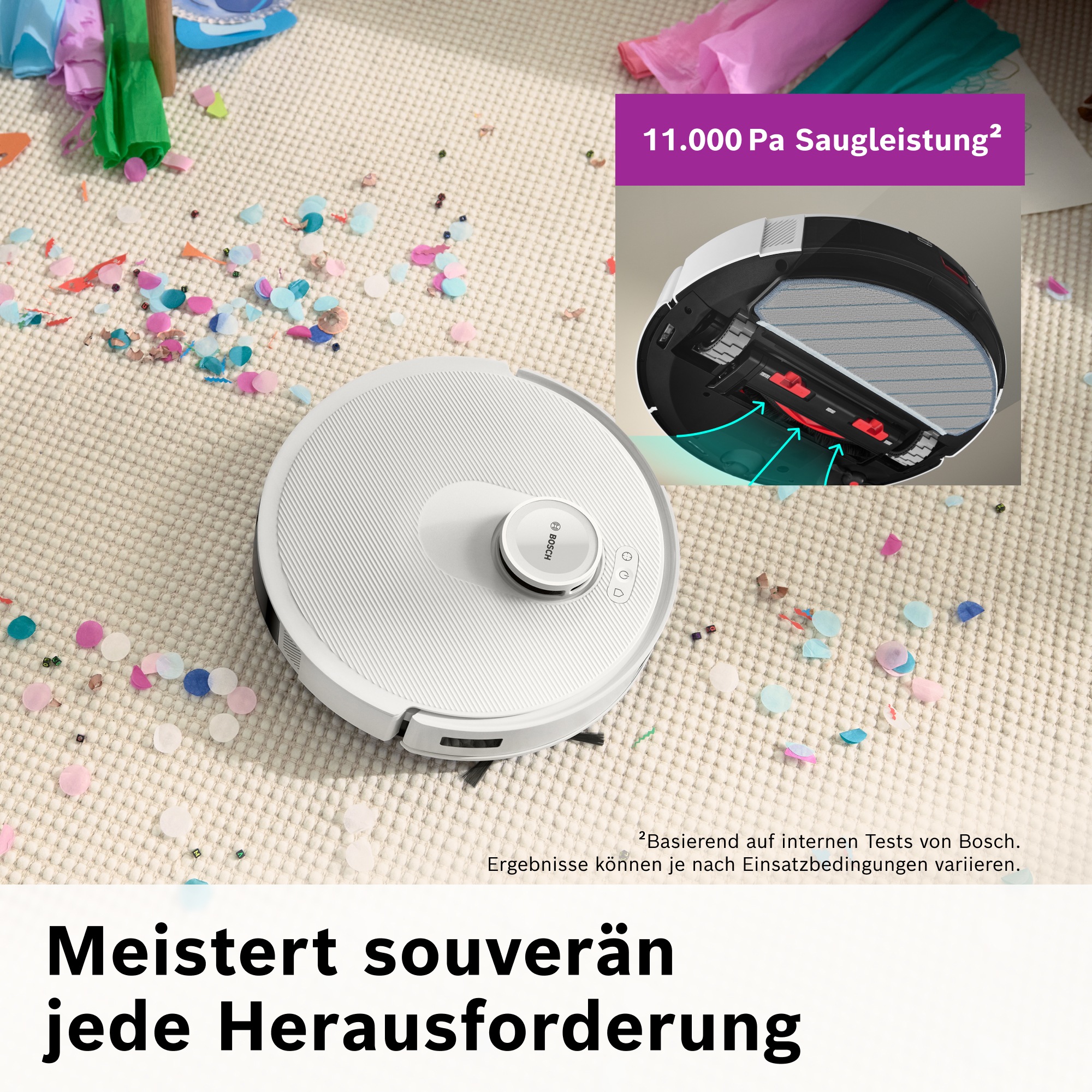 BOSCH Saugroboter »Spotless BCRC1W, Saugroboter mit Wischfunktion, 11.000 Pa Saugkraft«, Ladestation, einfache Navigation mit Infrarot-Licht, Carbon Bürste
