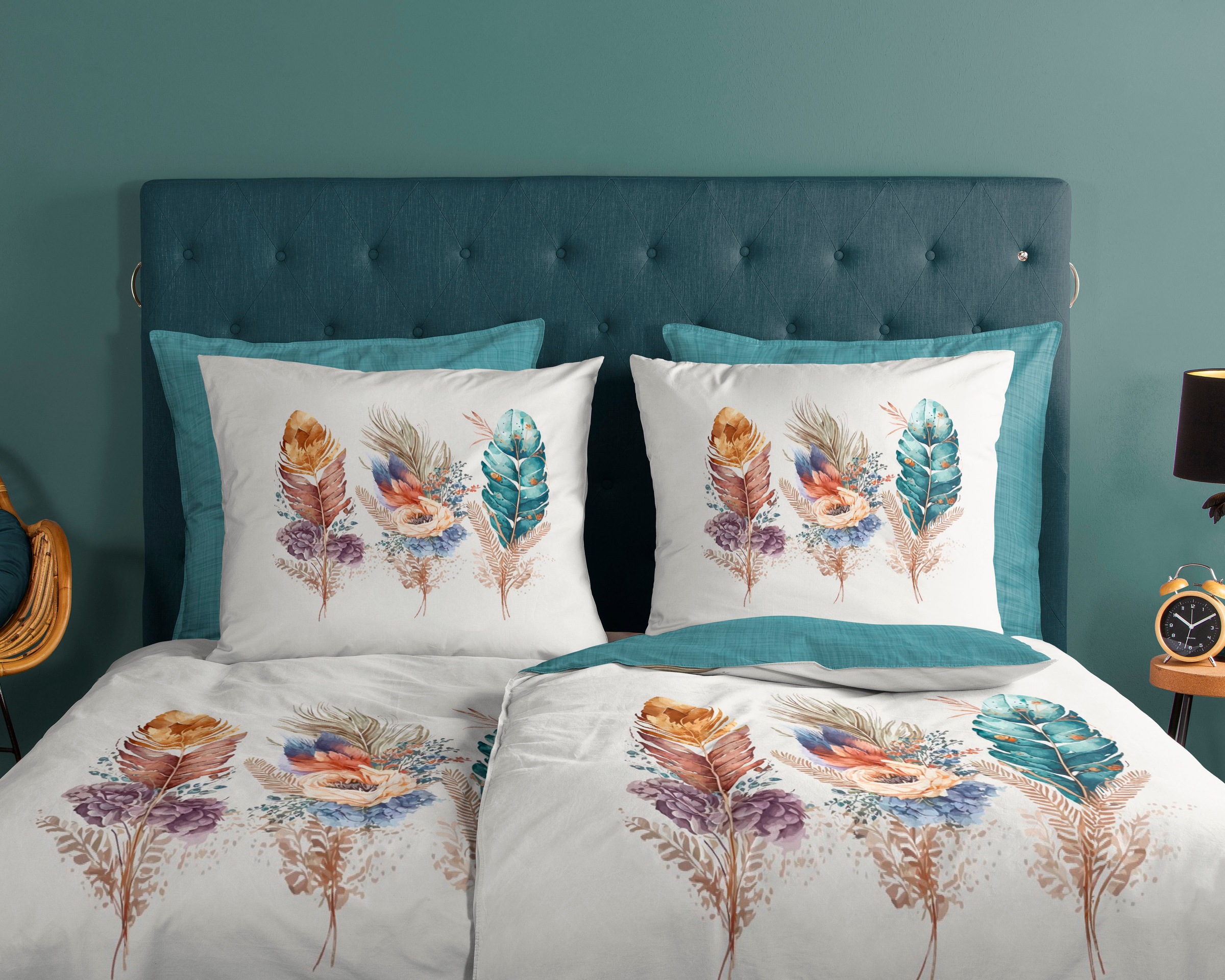 Thumbnail - good morning Wendebettwäsche "Via" 2 Stk. 100% Baumwolle, 135x200, Reißverschluss, Wendeoptik, Federn, Petrol