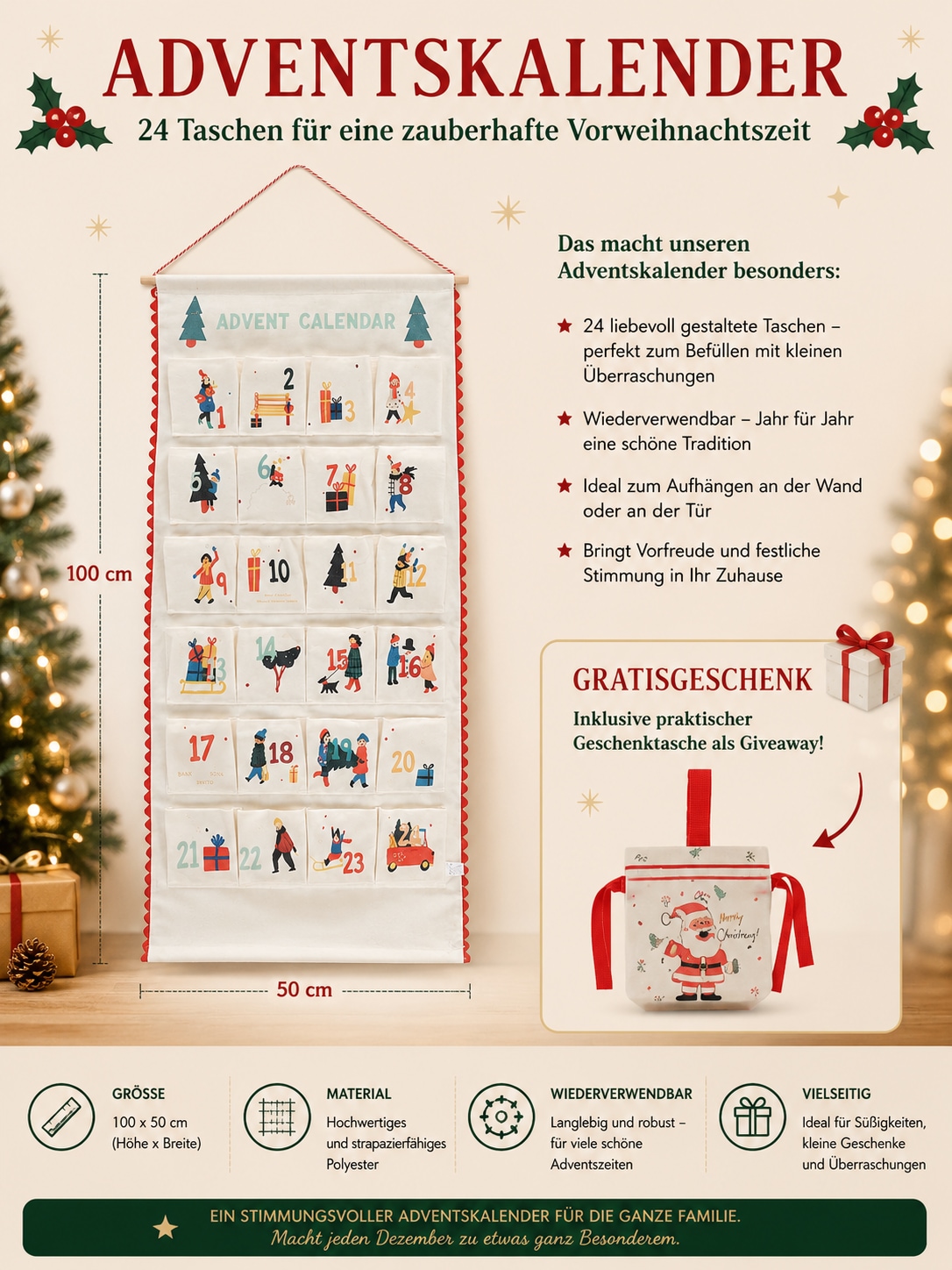 OTTO home Adventskalender »mit Gratis Geschenksäckchen(ca.18x13cm),« Es liegt keine Altersempfehlung vor ca.50x100cm, ideal für Türen oder als Wandbehang
