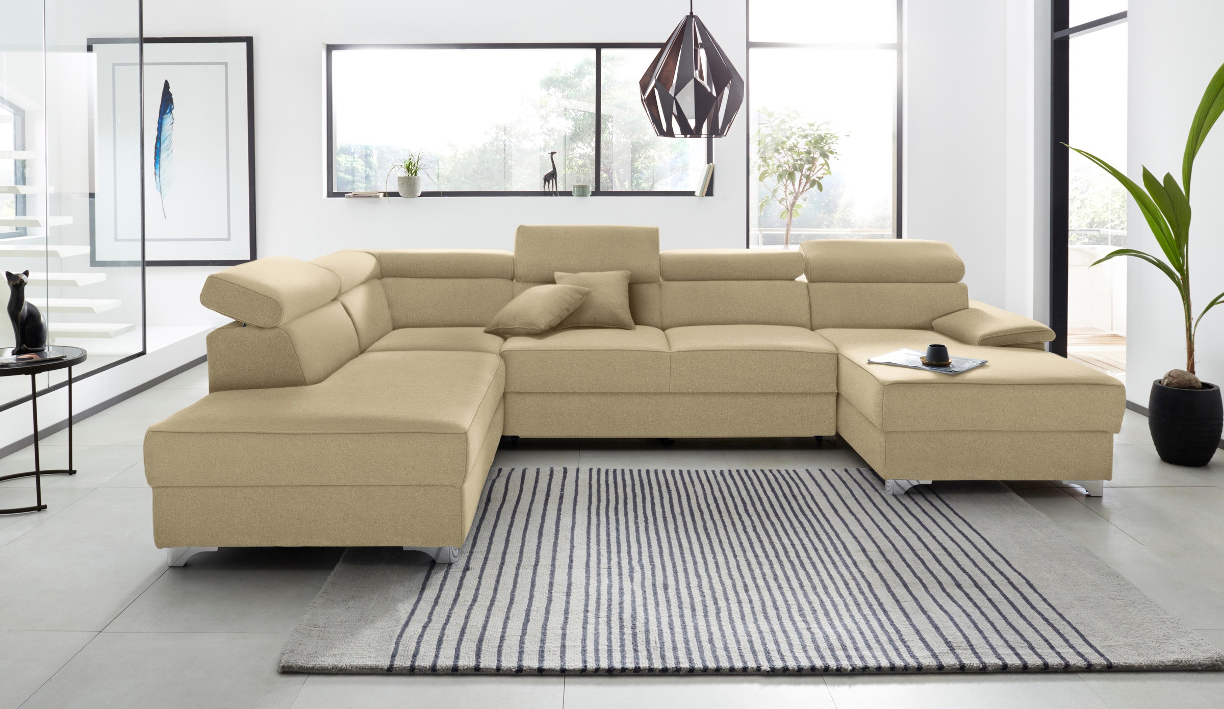 DOMO collection Wohnlandschaft »Mira, inklusive Kopfteilverstellung für mehr Wohlfühlkomfort, U-Form«, wahlweise mit Bettfunktion und Bettkasten, elegant und modern