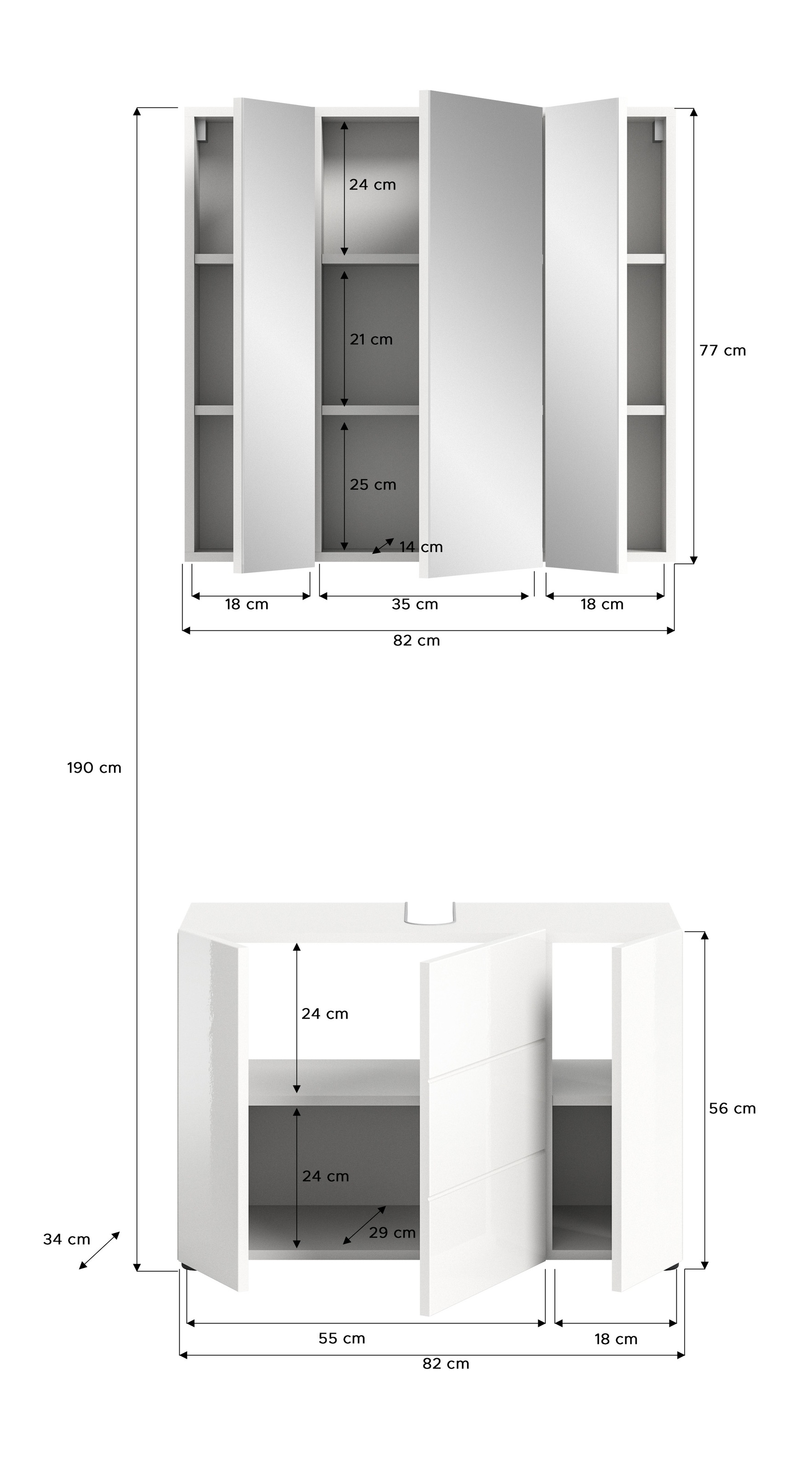 welltime Badmöbel-Set »BIEL, TOPSELLER, 2 teilig, inkl. Beleuchtung, MDF Front, Rillenoptik«, (2 St., best. aus: Waschbeckenunterschrank, Spiegelschrank inkl. Beleuchtung), Badmöbel, Kombination, Kombi, Badezimmer, Badkombination, Badschrank