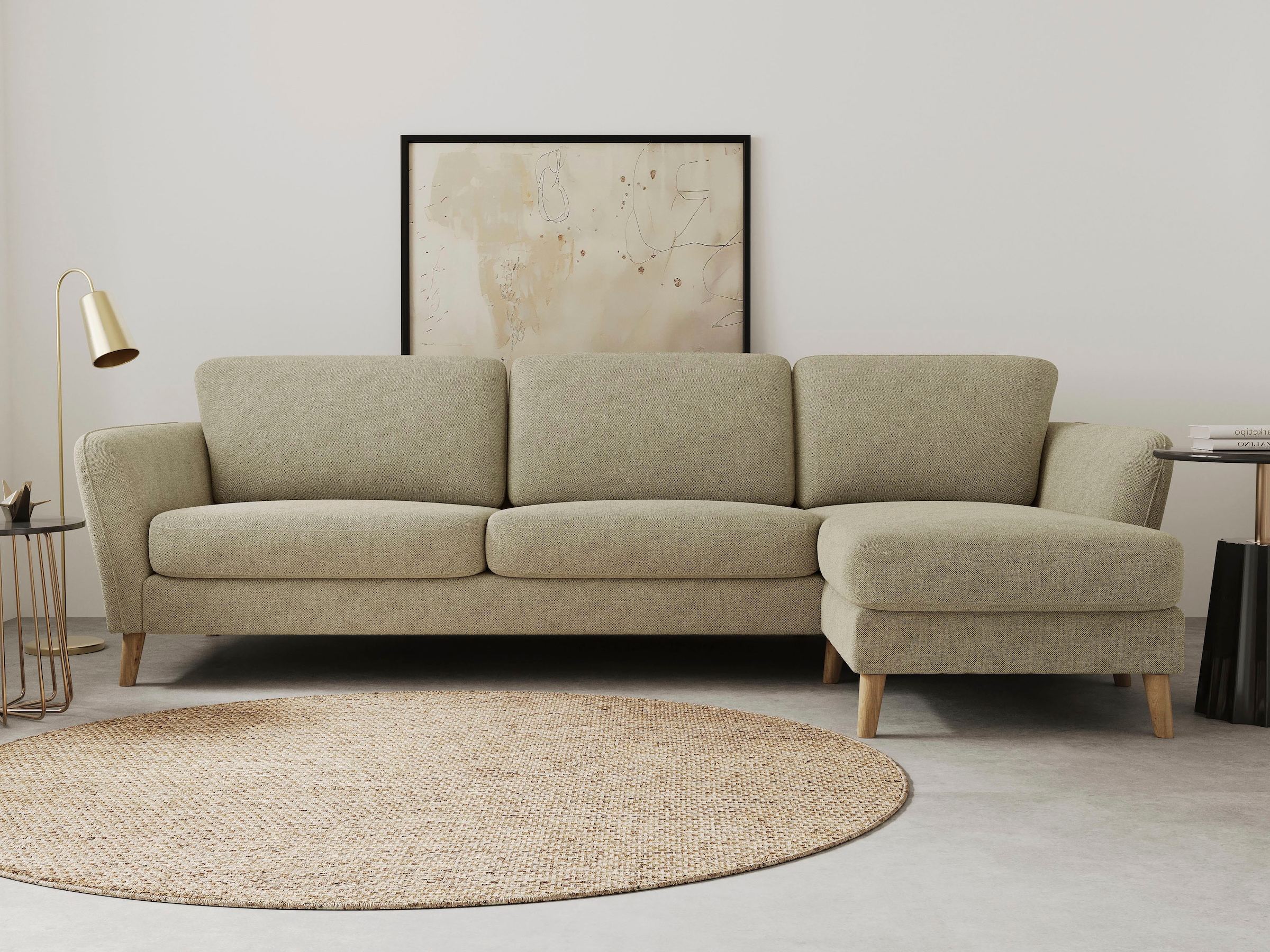 OTTO home Ecksofa "MARSEILLE (279/152cm),L-Form, Rec. rechts/links, verschiedene Bezüge" Massivholzbeine Eiche, Landhausstil, Wellenunterfederung