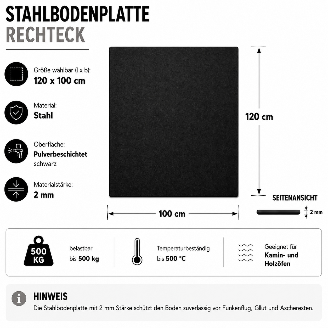 Hanseatic Bodenschutzplatte »für Kaminöfen Rechteck 100 Stahl« 1 Stk. tlg. Stahl-Rechteck, 100 x 120 cm, 2mm Stärke, schwarz, zum Funkenschutz