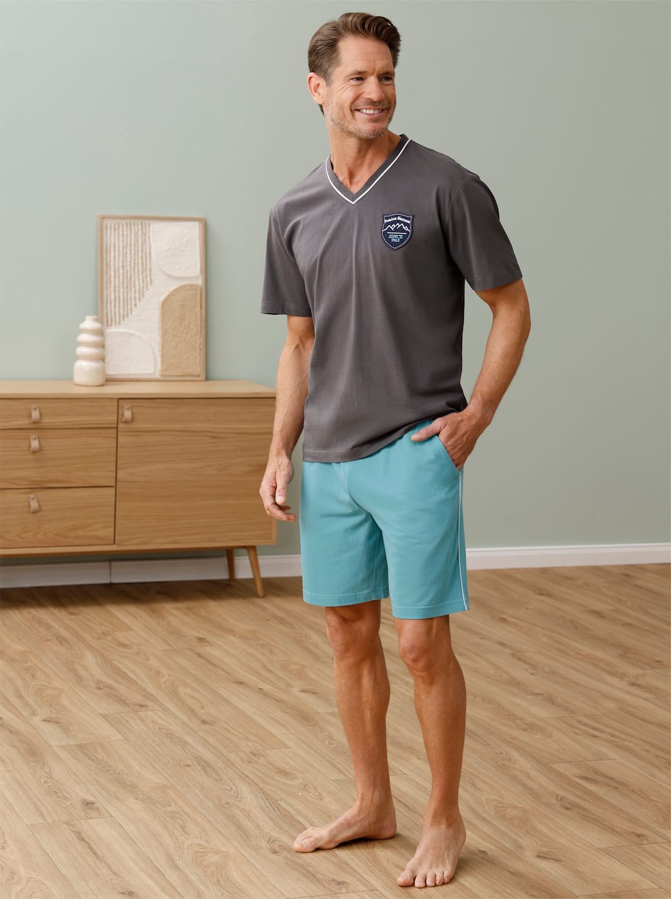 WÄSCHEPUR Herren Schlafshorts, Gr. 52ozean, 100% Baumwolle, unifarben, Hosen