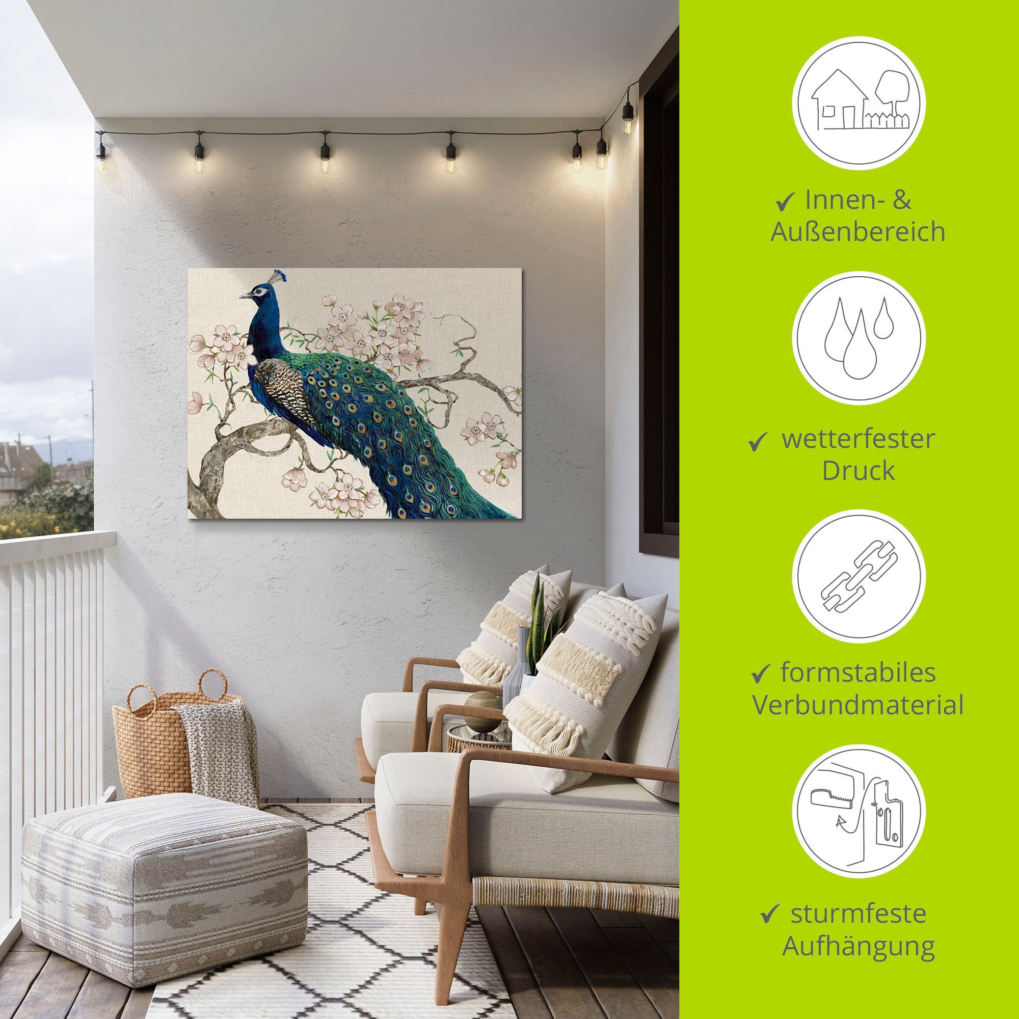 Artland Wandbild »Pfau & Blüten II«, Vögel, (1 St.), als Alubild, Outdoorbild, Leinwandbild, Poster in verschied. Größen