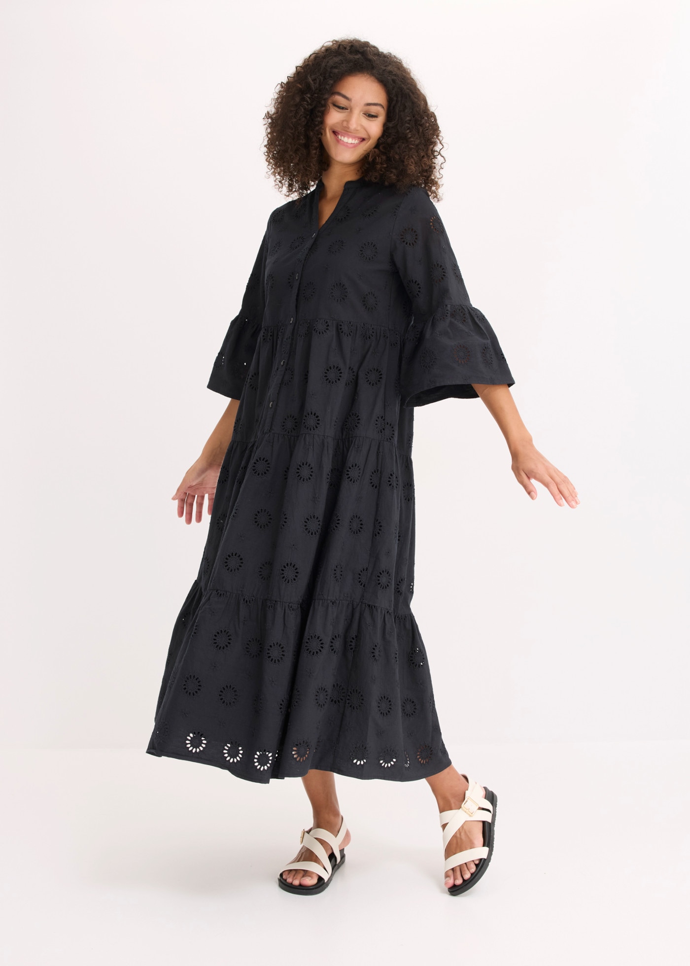 bonprix Midikleid aus reiner Baumwolle, A-Linien-Passform, 3/4-Ärmel, mit Stehkragen
