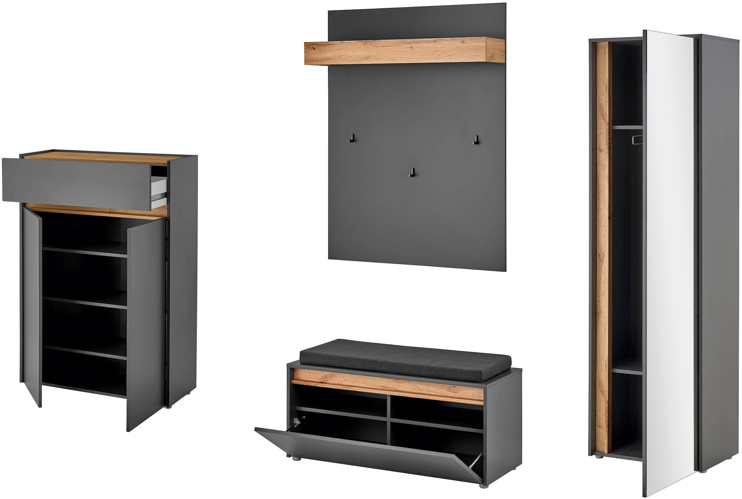 INOSIGN Garderoben-Set »City/Giron, moderne Garderobe, viel Stauraum, ca. 24 Schuhe«, (Set, 4 St.), enthält Schrank, Paneel, Schuhschrank & Garderobenbank mit Sitzkissen