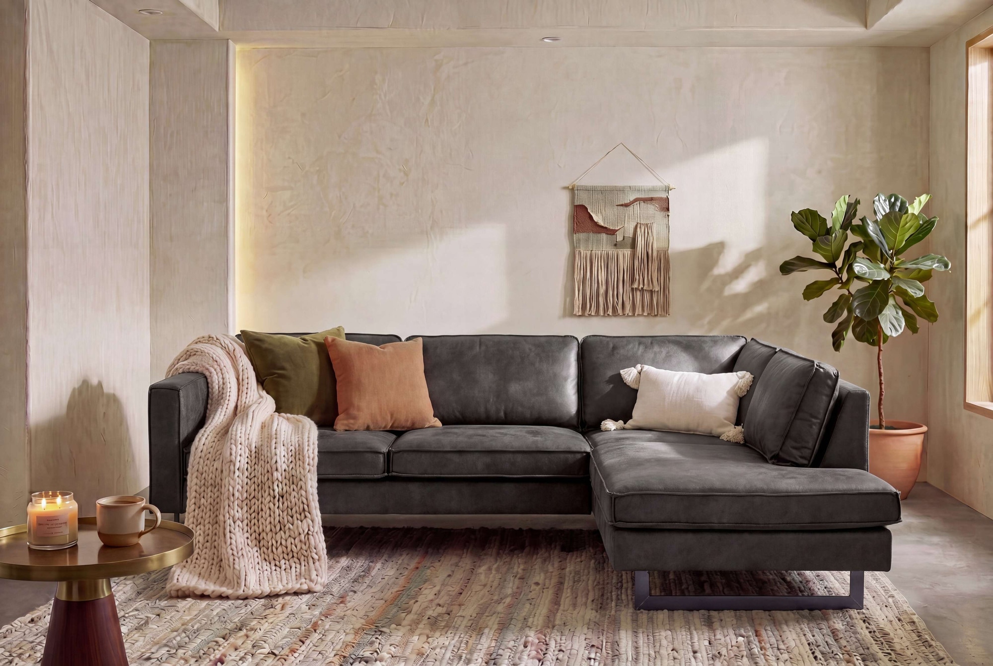 OTTO home Ecksofa »Pinto, 290 cm, Cord, Chenille, Lederoptik, Ottomane links / rechts« mit Keder, schwarze Metallfüße, Wellenunterfederung
